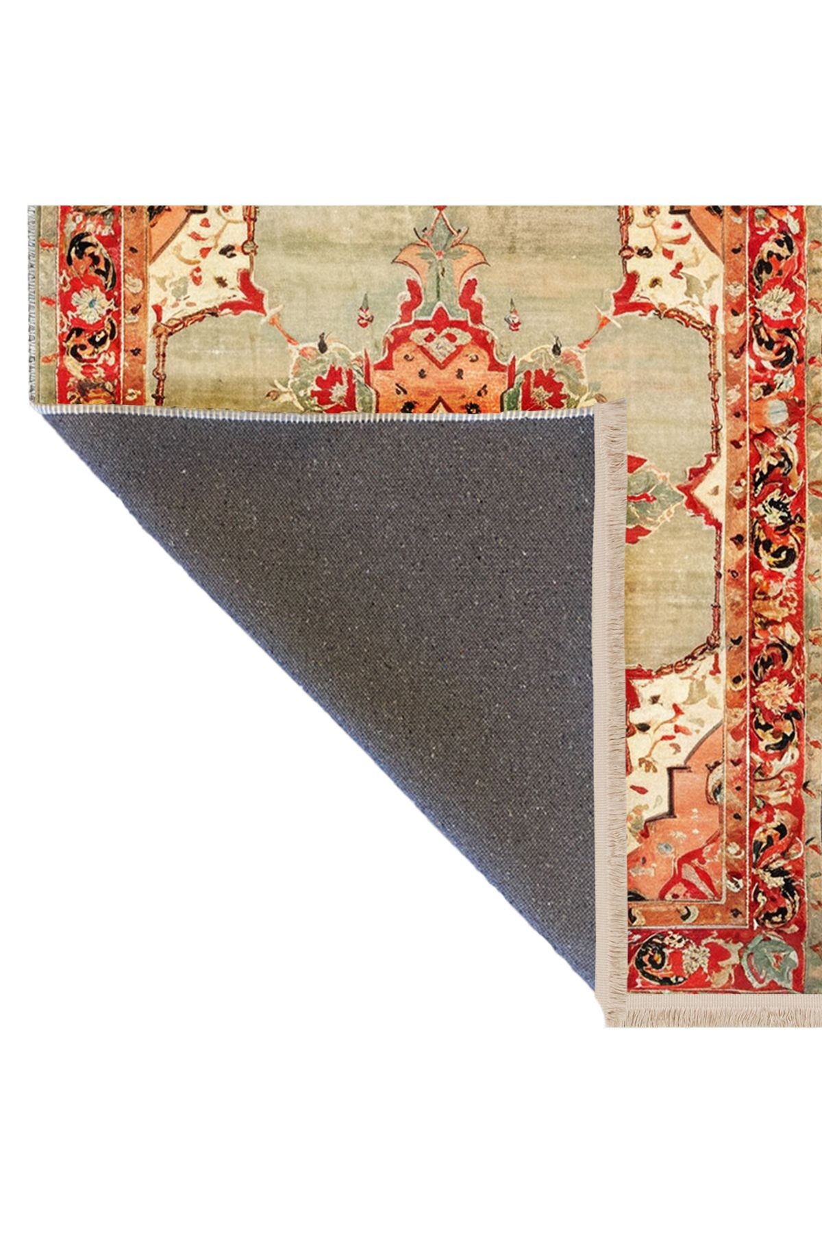 Tokyo Koleksiyonu Yeşil Turuncu Ton Çiçekli Geleneksel Desen Dokuma Taban Vintage Dekoratif Halı 02