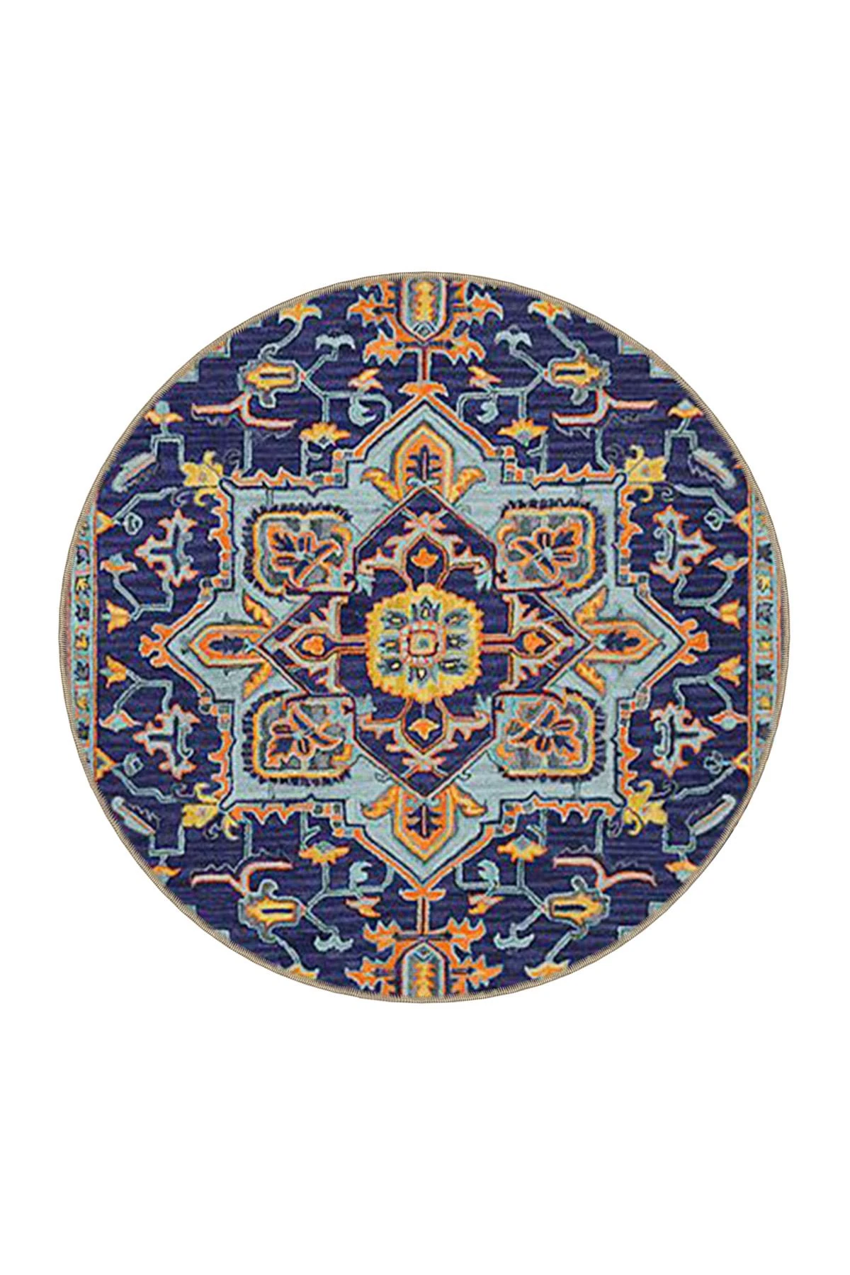 Lacivert Temalı Çok Renkli Geleneksel Motif Desenli Vintage Dekoratif Halı 3645