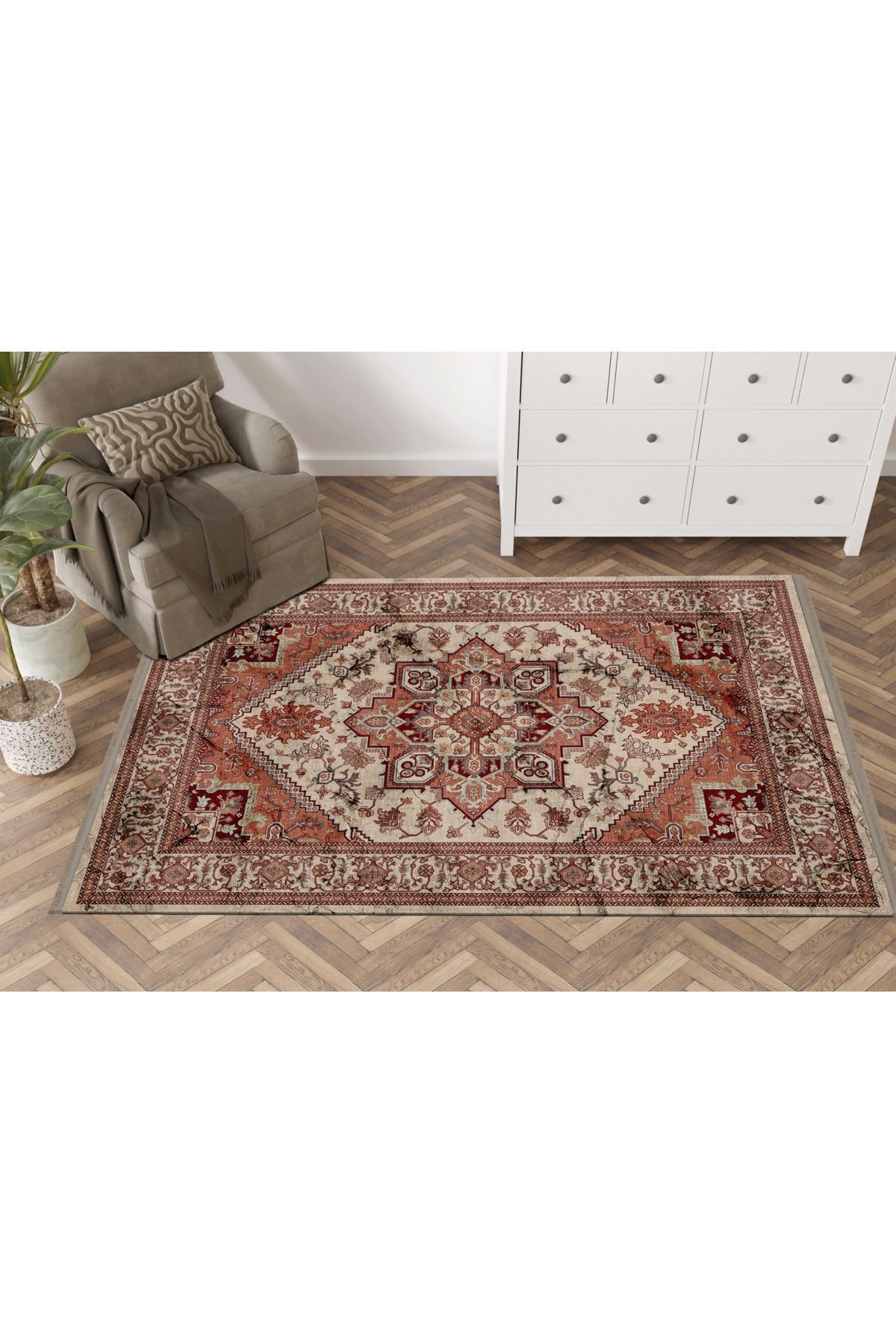 Mira Kırmızı Bej Temalı Geleneksel Motif Etnik Desenli Vintage Dekoratif Halı Mira 1583