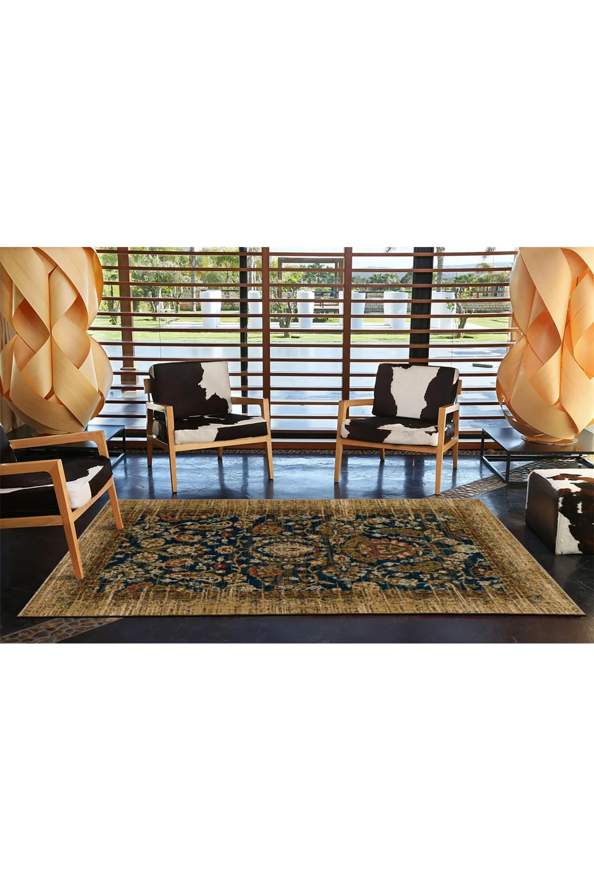 Lacivert Temalı Geleneksel Motif Çiçek Desenli Vintage Dekoratif Halı 4571