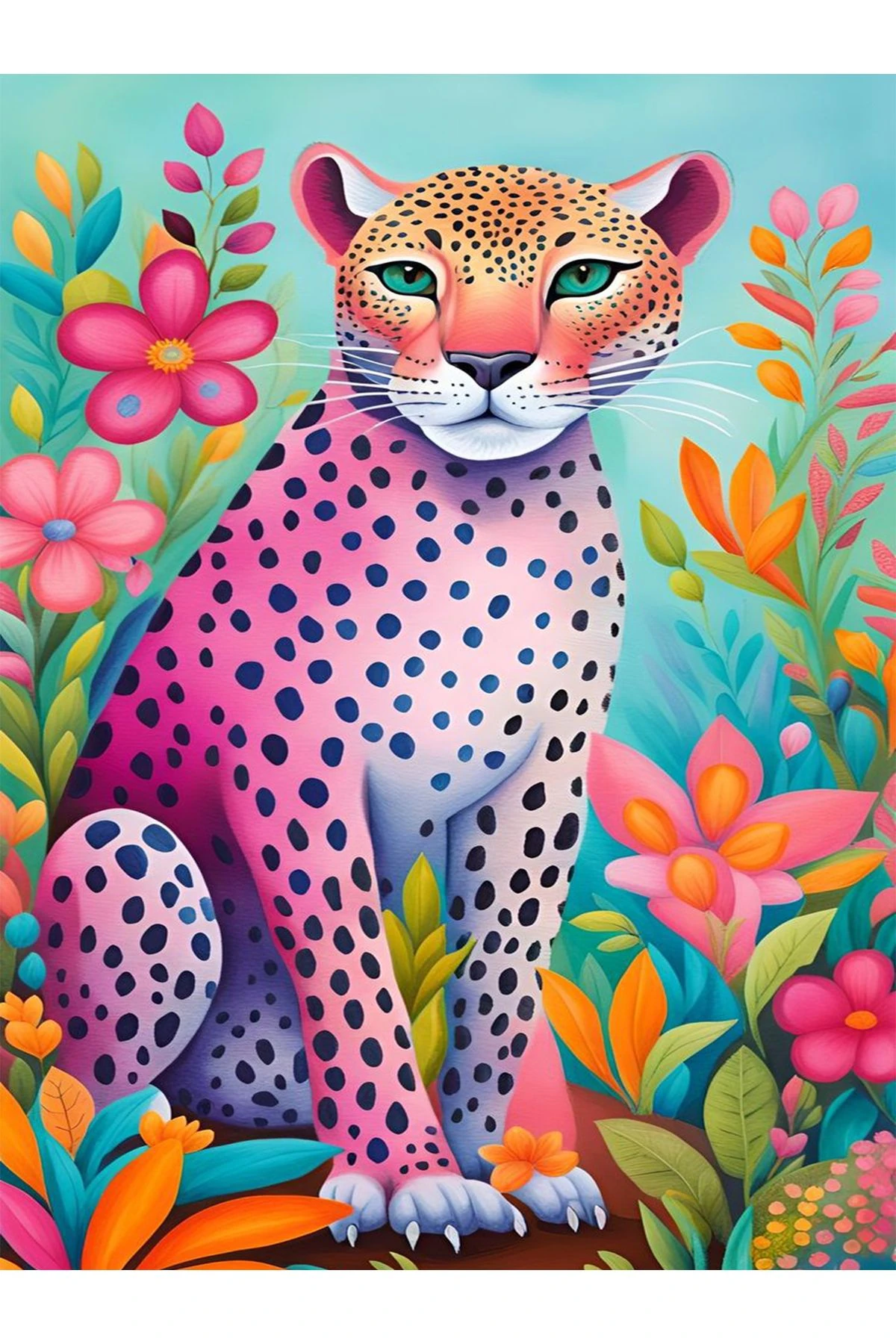 Özge Koleksiyonu Çok Renkli Çiçek Detaylı Yavru Kaplan Desenli Dokuma Taban Dekoratif Halı özge37