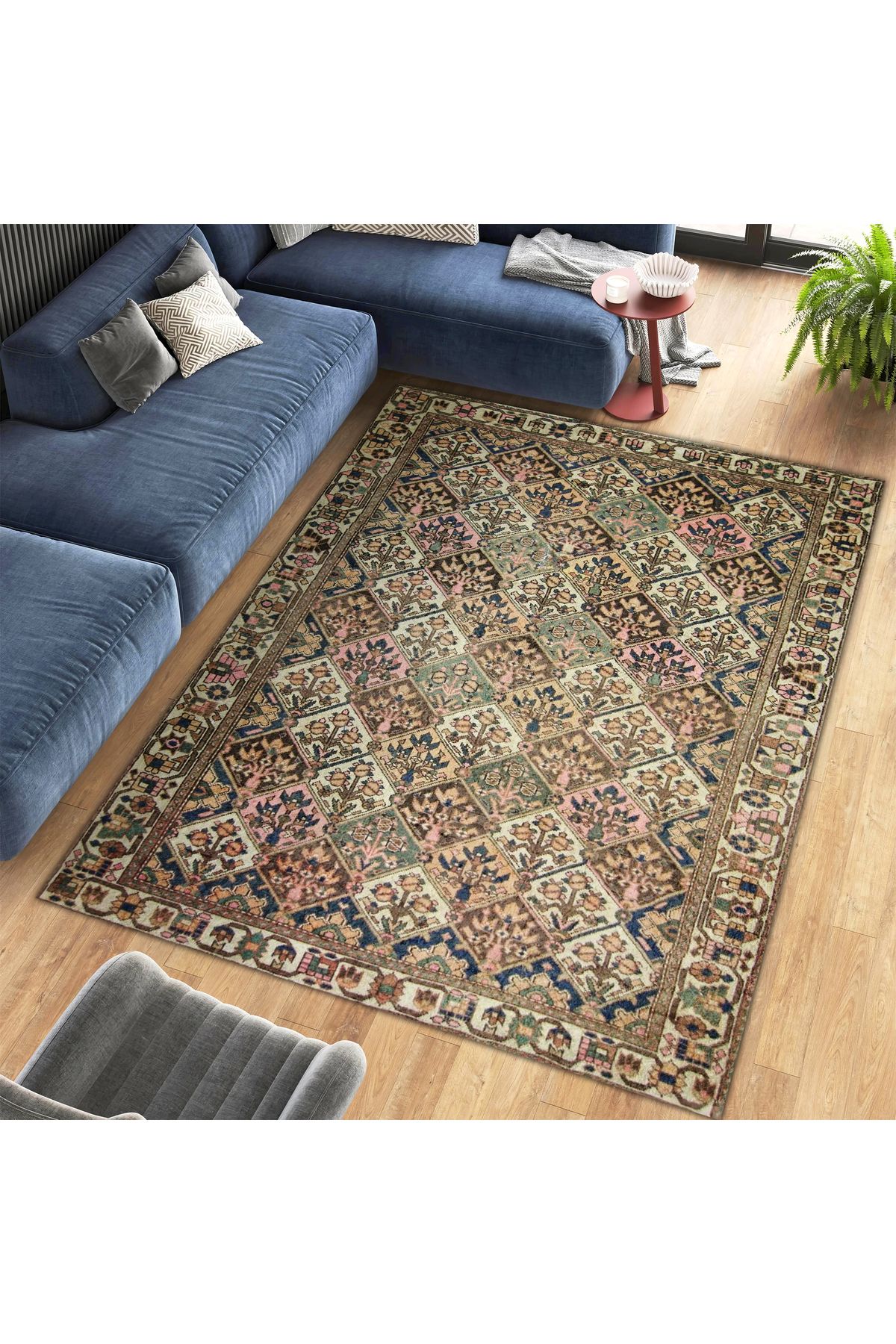 Mete Koleksiyonu Çok Renkli Etnik Çiçek Motifleri Desenli Vintage Dekoratif Halı 07