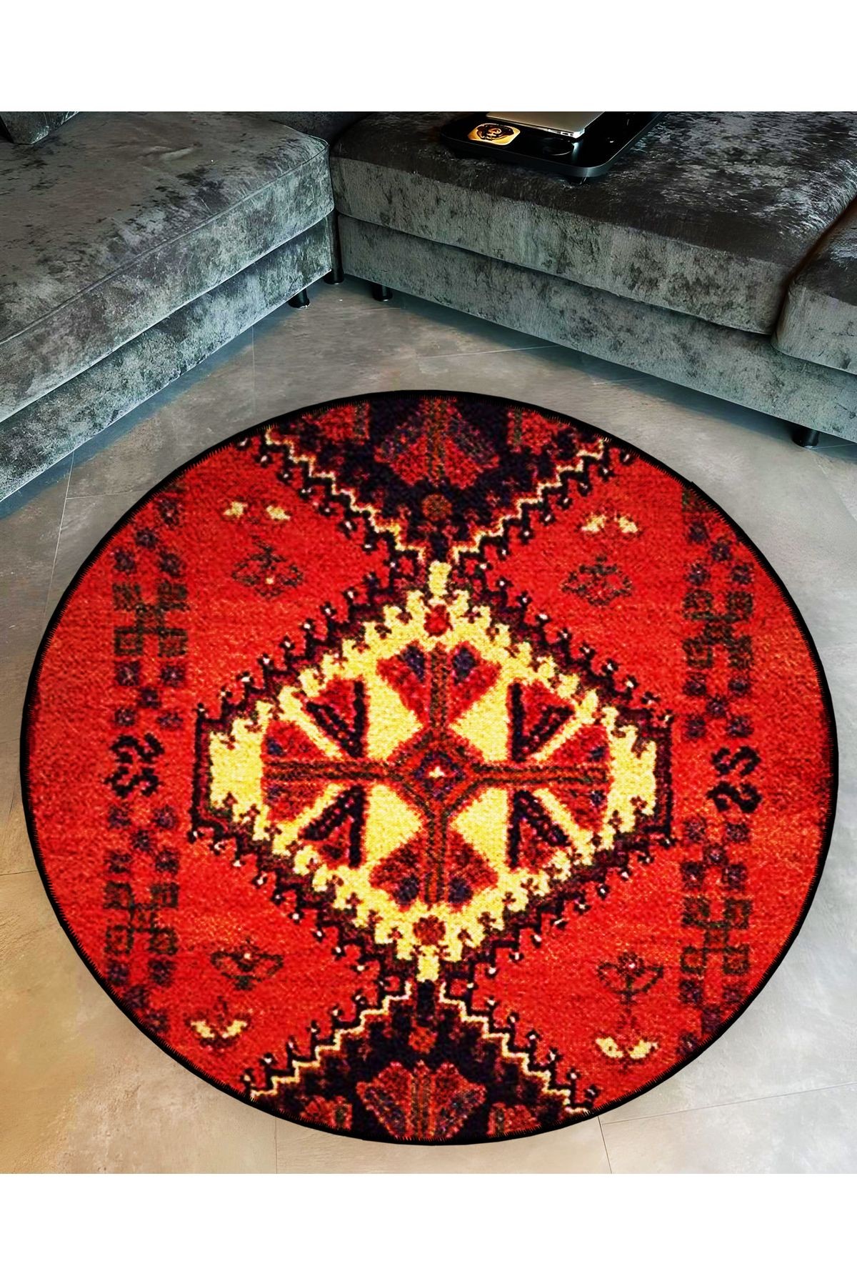Kırmızı Tema Etnik Motifli Geleneksel Desenli Yuvarlak Dokuma Taban Vintage Dekoratif Halı 6221