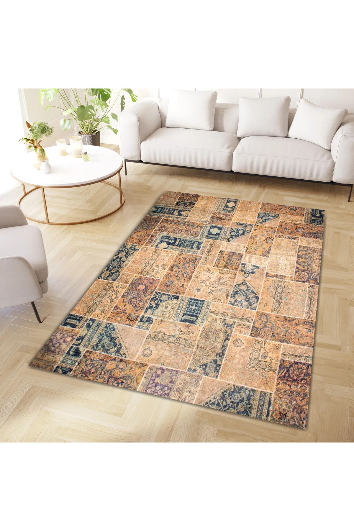 Cansu Koleksiyonu Patchwork Görünümlü Etnik Desen Detaylı Dokuma Taban Modern Dekoratif Halı cansu03