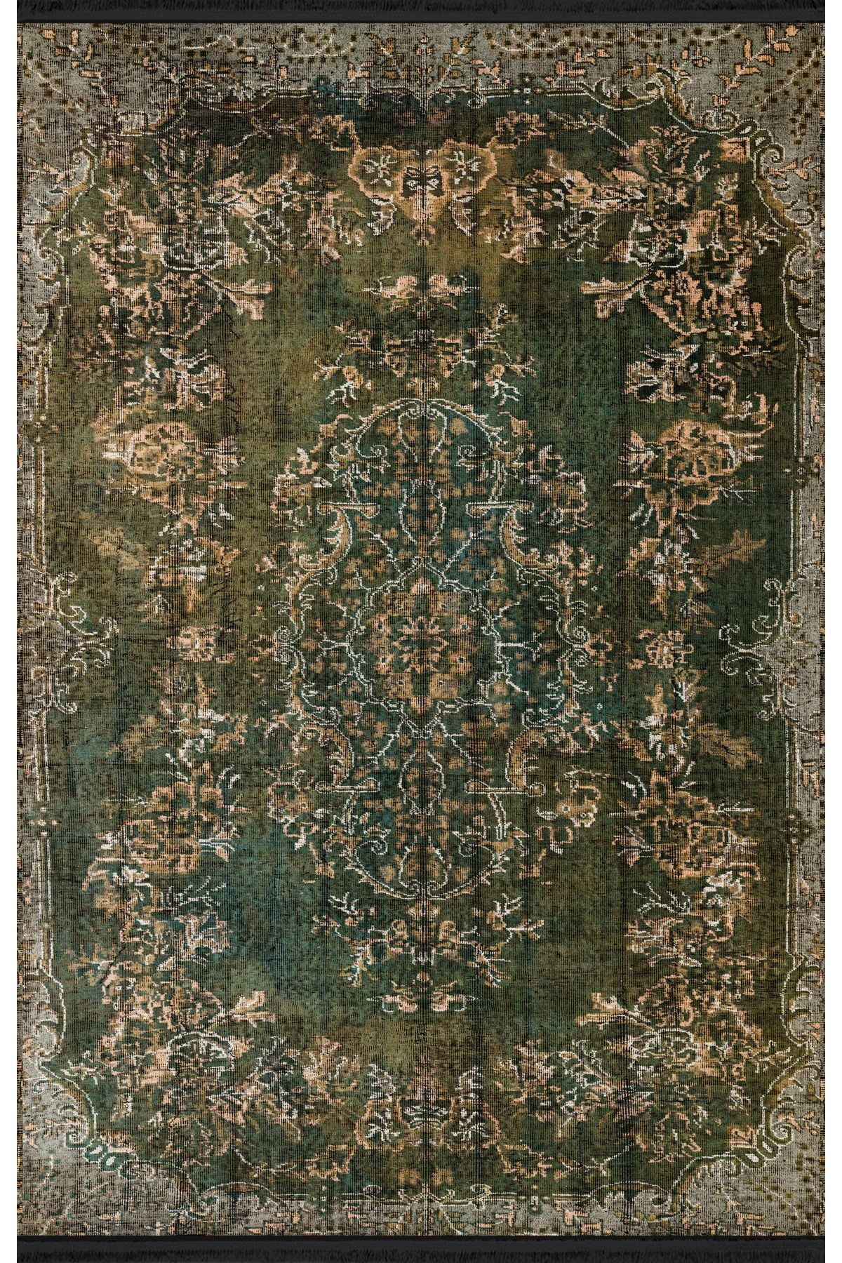 Mira Koyu Yeşil Temalı Geleneksel Motif Etnik Desenli Vintage Dekoratif Halı Mira 1593