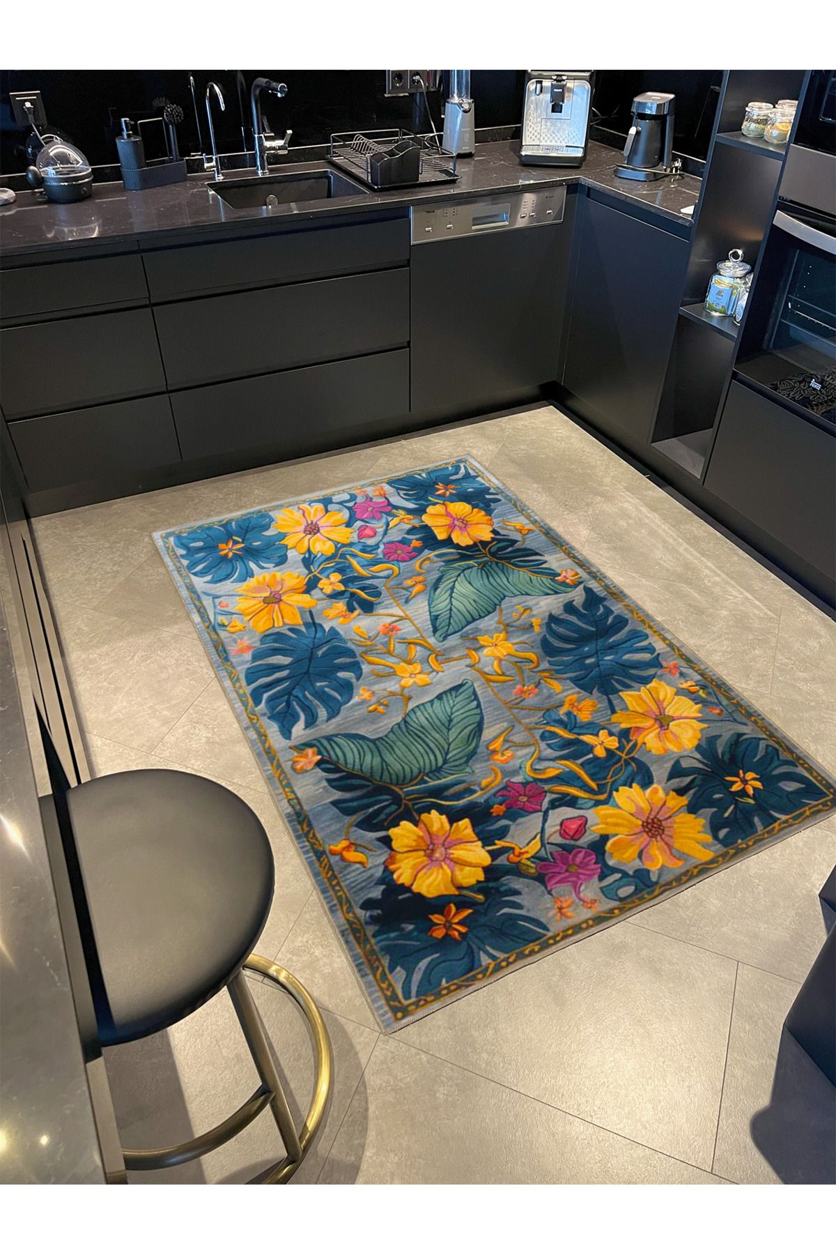 Paris Koleksiyonu Mavi ve Sarı Temalı Karma Çiçek Motifleri Desenli Modern Dekoratif Halı 137