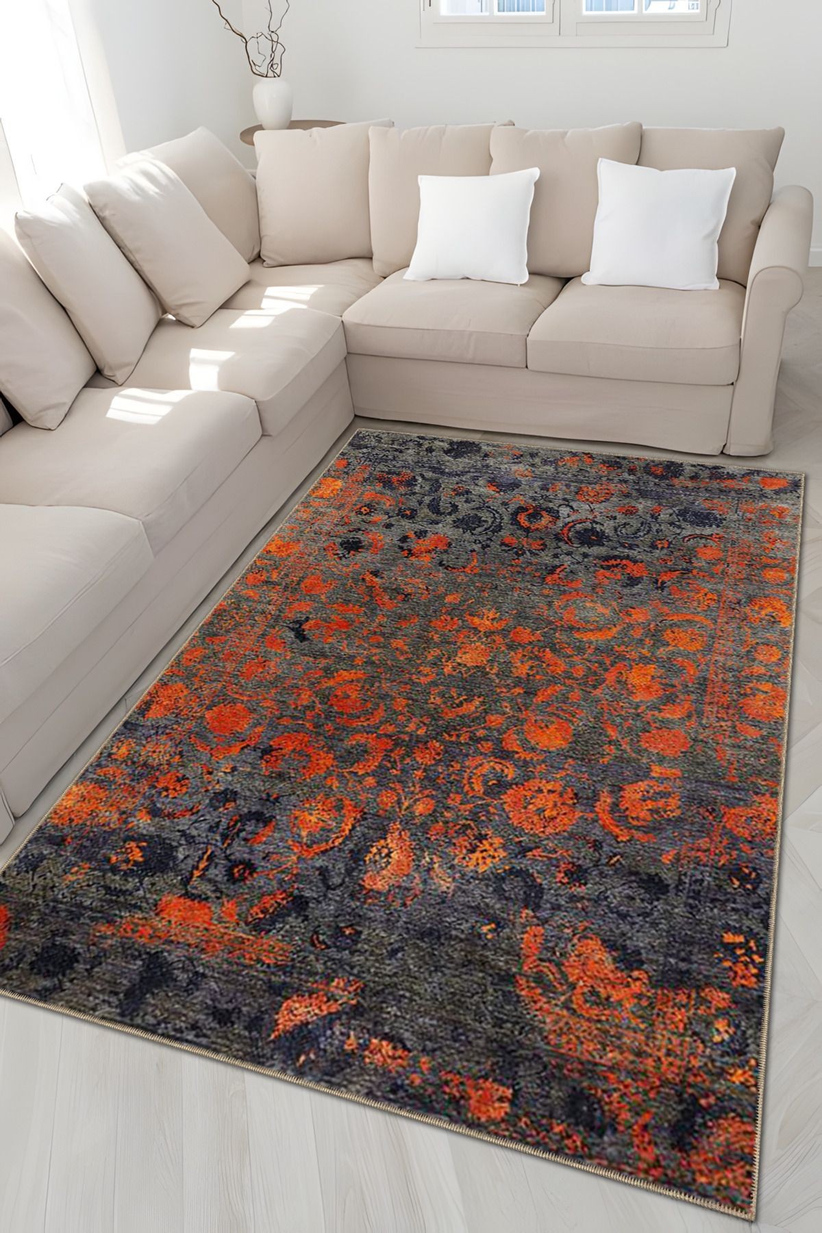Gri Turuncu Temalı Geleneksel Motif Desenli Vintage Dekoratif Halı 4875