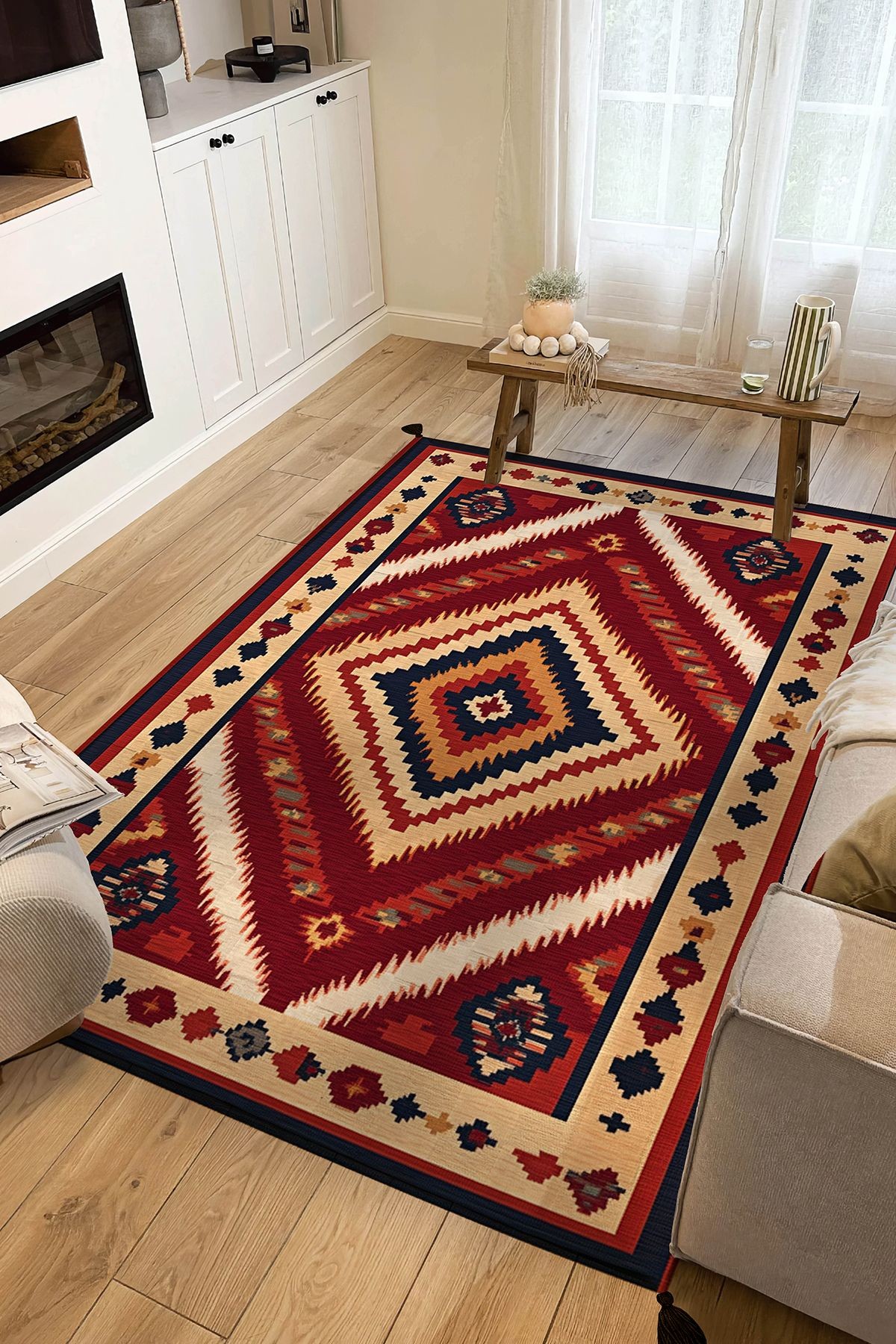 Herat Atelier Vintage Afgan Desen Bordo Renkli Dokuma Taban Dekoratif Salon Halısı 305