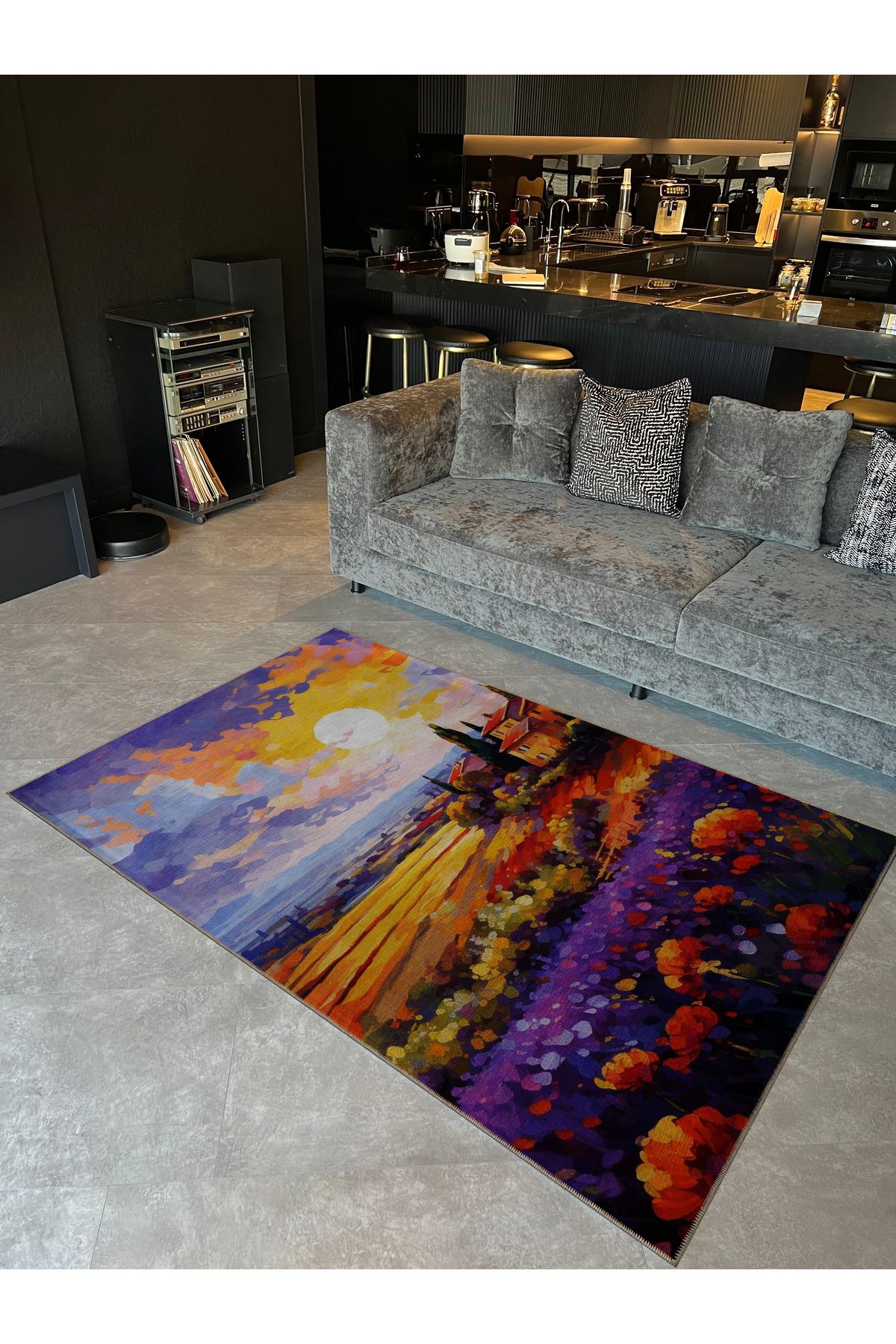 Pastel Renkler Gün Batımı ve Köy Desenli Modern Dekoratif Halı 5387