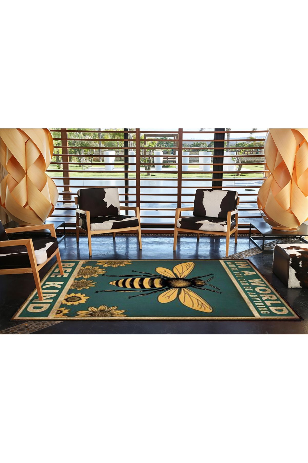 Arı ve Yazı Desenli Dekoratif Yıkanabilir Halı miravip8272