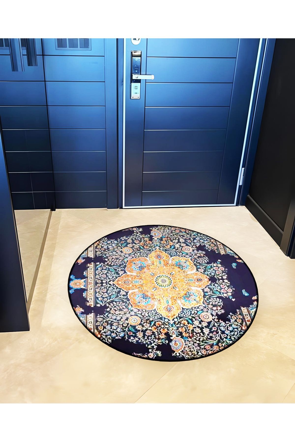 Mira Yuvarlak Lacivert Tonlarda Turuncu Detaylı Antik Desen Dokuma Taban Modern Dekoratif Halı 5705