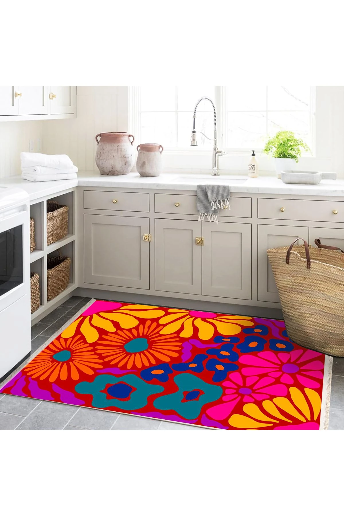 Yılmaz Koleksiyonu Çok Renkli Tema Karma Çiçek Figürleri Desenli Modern Dekoratif Halı 22