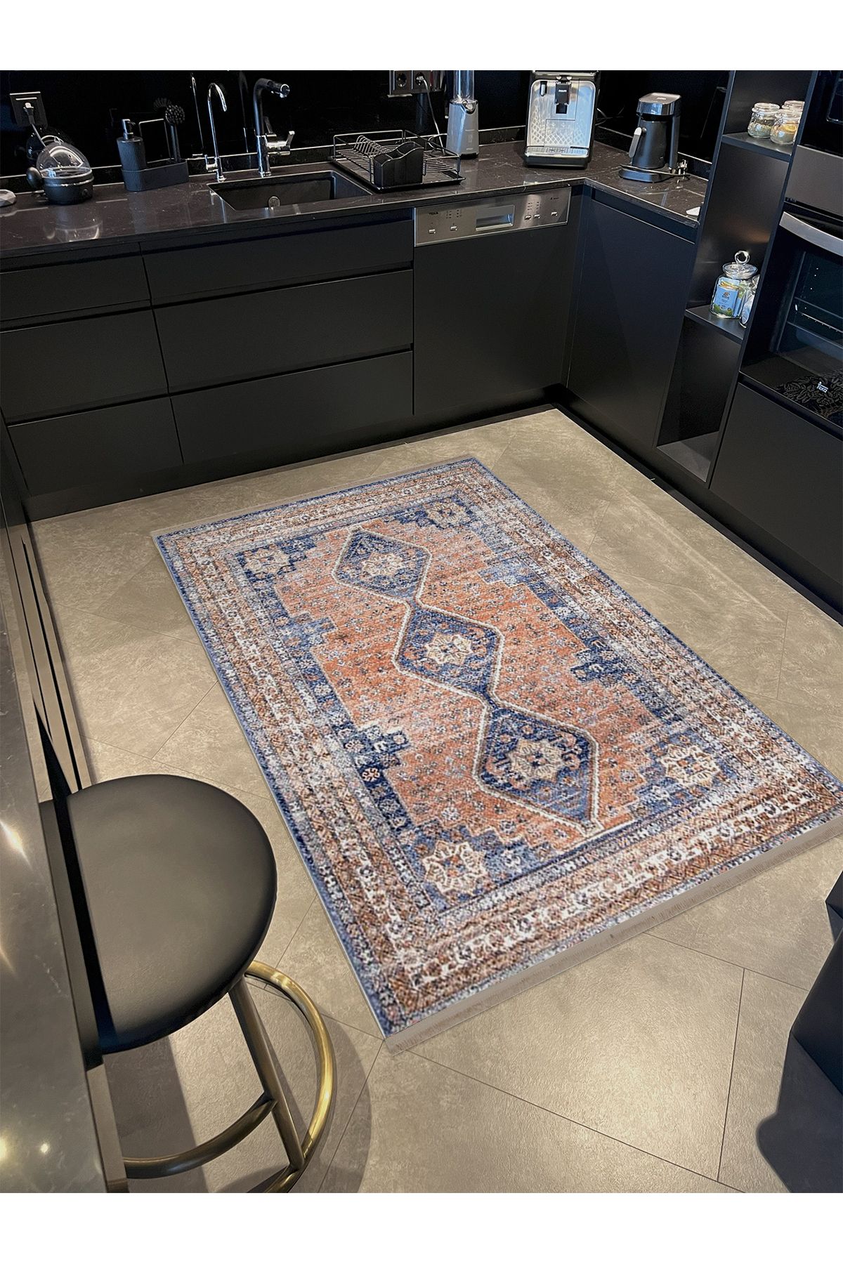 Güney Koleksiyonu Turuncu Mavi Tema Geleneksel Desenli Vintage Dekoratif Halı 18