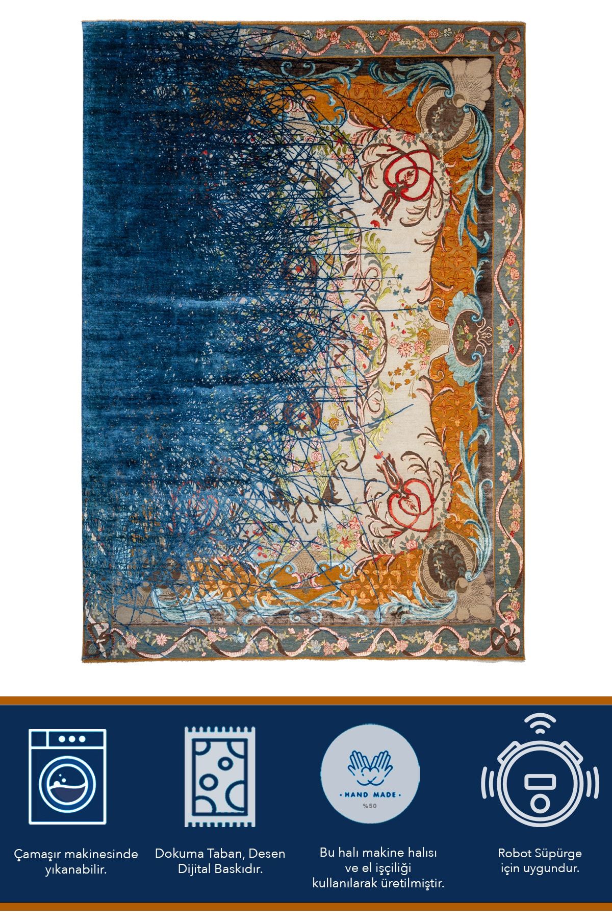 Mira 1216 Vintage Lacivert Kahve Baskılı Dokuma Taban Halı