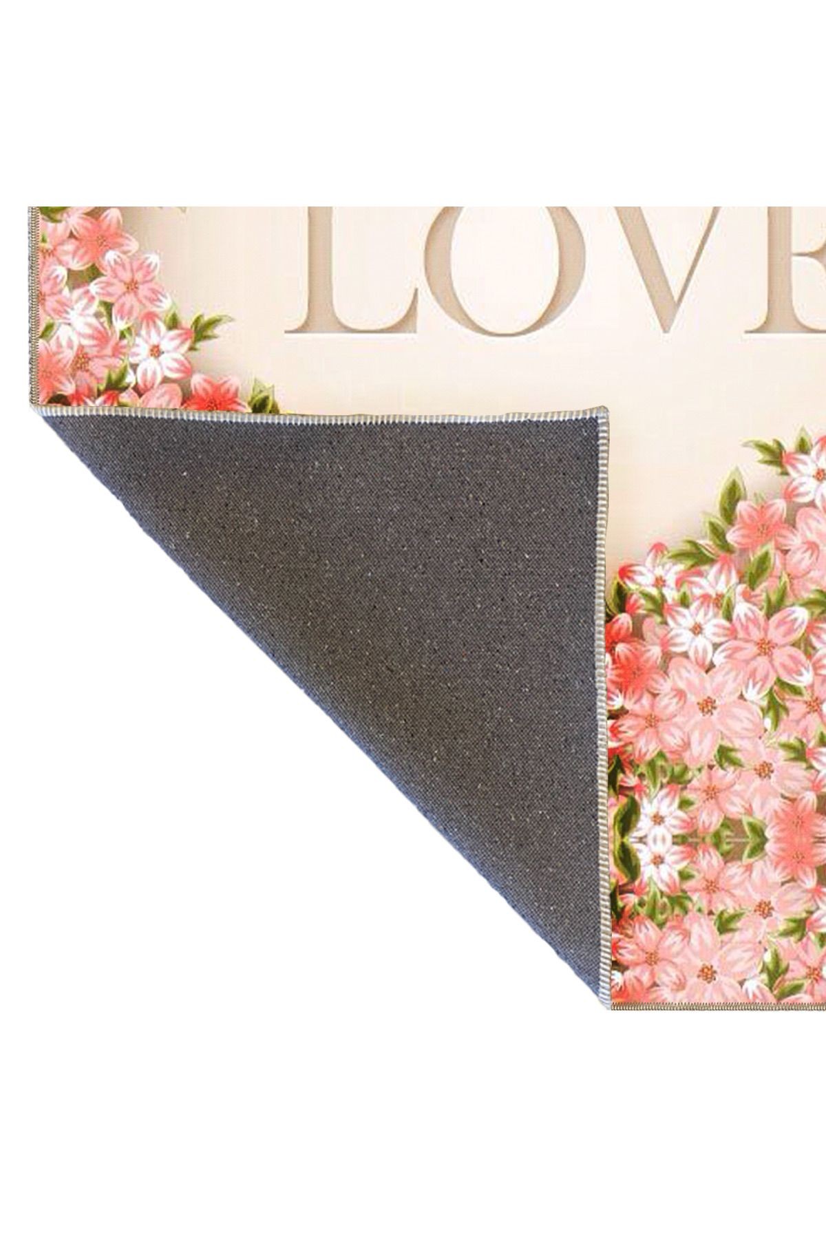 Bej Tema Pembe Çiçek Demeti ve Love Yazı Desenli Modern Dekoratif Halı 4998