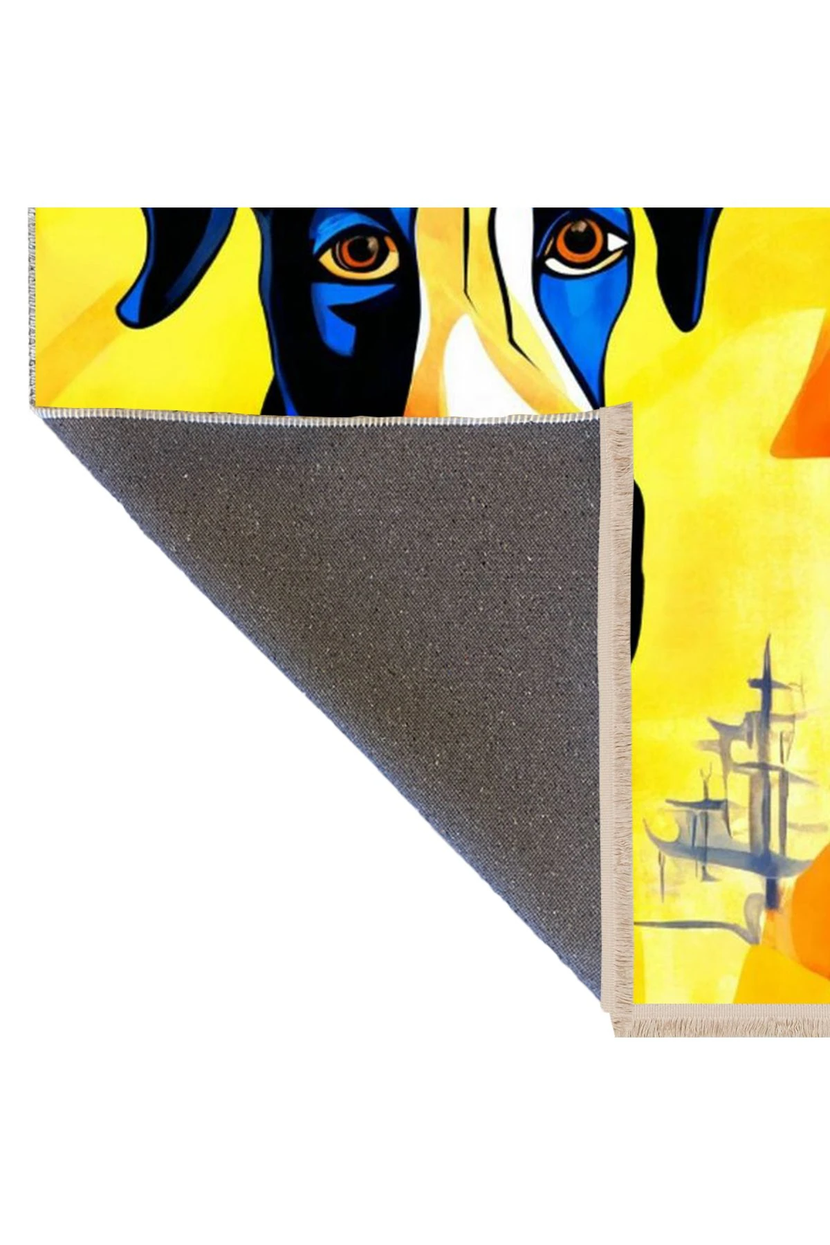 Özge Koleksiyonu Sarı Temalı Çok Renkli Köpek Desenli Dokuma Taban Dekoratif Halı özge26