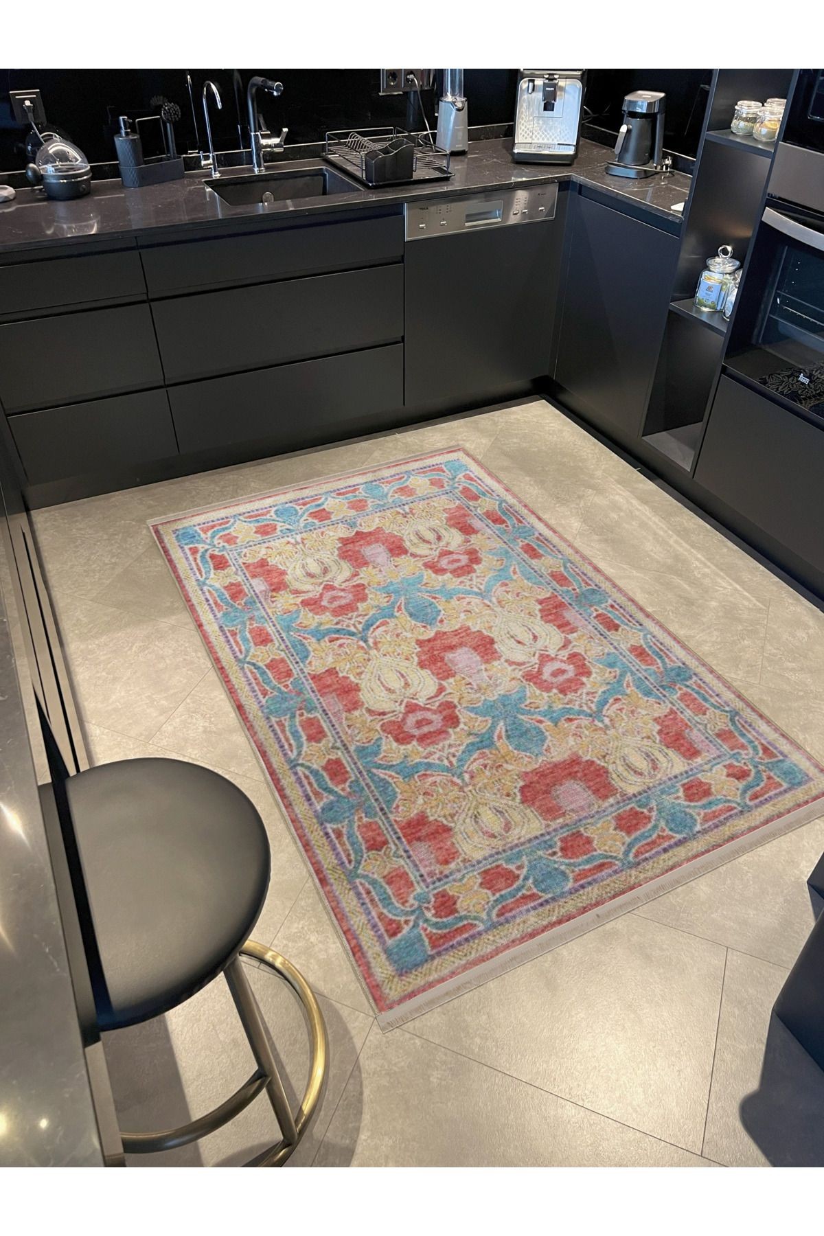 Bej Mavi Temalı Motifli Etnik Çiçek Desenli Saçaklı Vintage Dekoratif Halı 3183