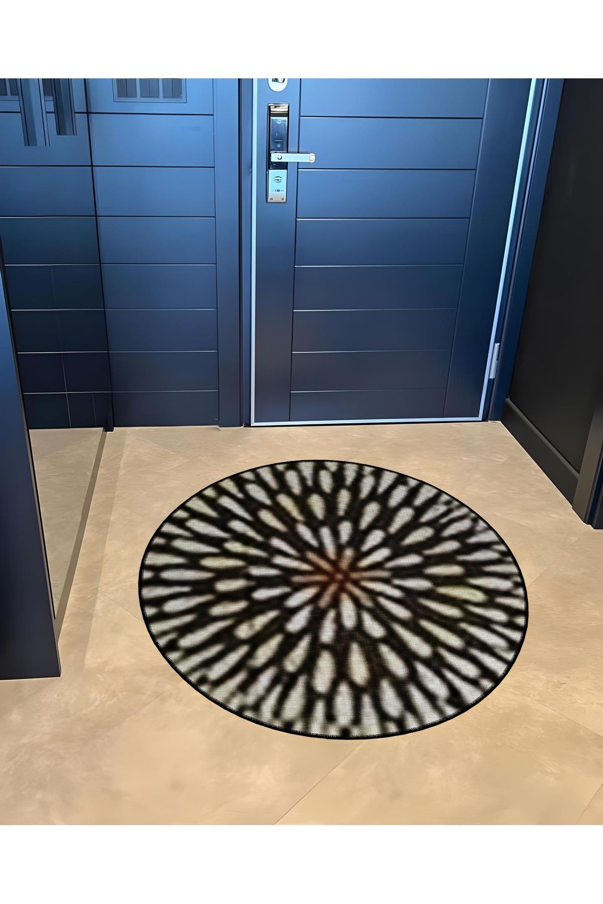 Bej Siyah Ton Geometrik Desenli Yuvarlak Dokuma Taban Modern Dekoratif Halı 6040