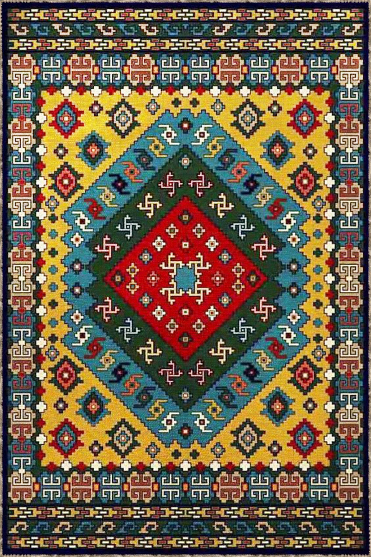 Sarı Kırmızı Geometrik Desenli Dokuma Taban Halı 4125