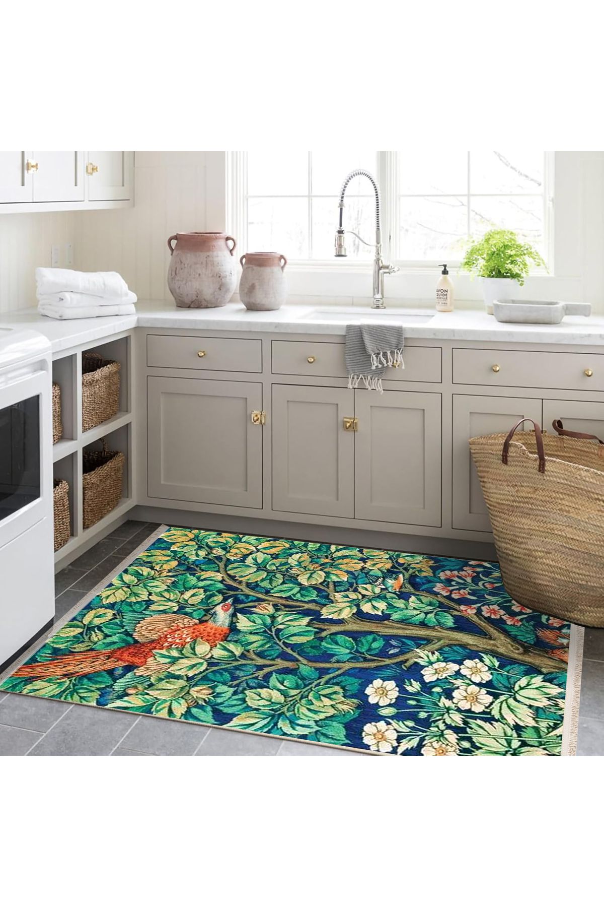 Özge Koleksiyonu Yeşil Doğa Temalı Kuş ve Çiçekler Detaylı Dokuma Taban Modern Dekoratif Halı özge08