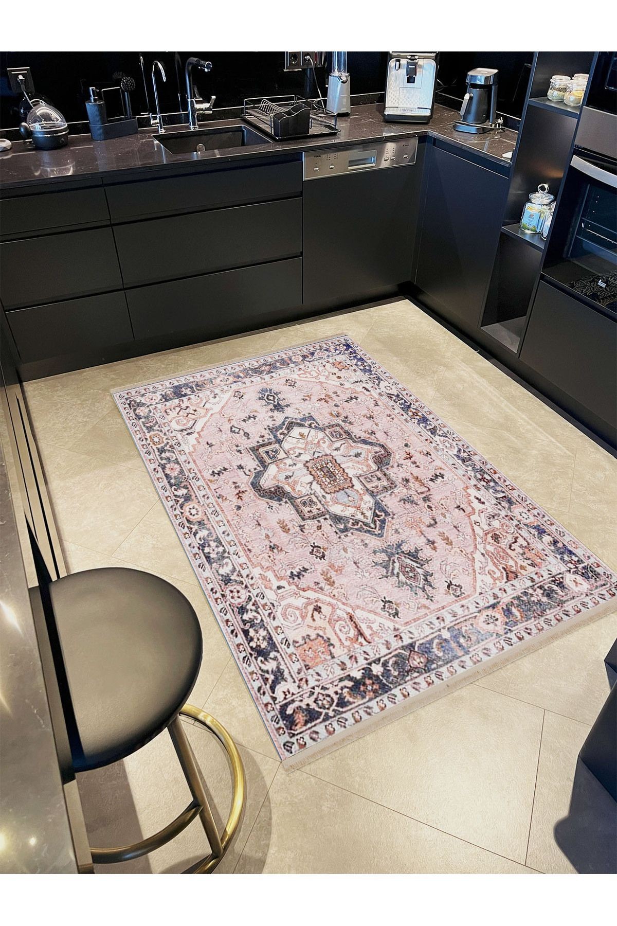 Alya Koleksiyonu Eskitme Görünümlü Pudra Gri Etnik Desenli Dokuma Taban Modern Dekoratif Halı alya41