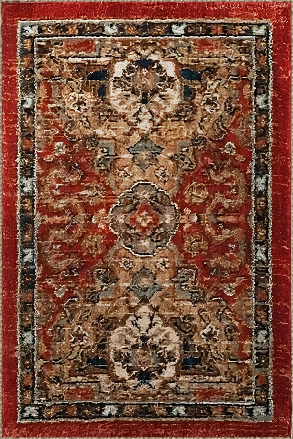 Bordo Bej Temalı Geleneksel Motif Desenli Vintage Dekoratif Halı 3303