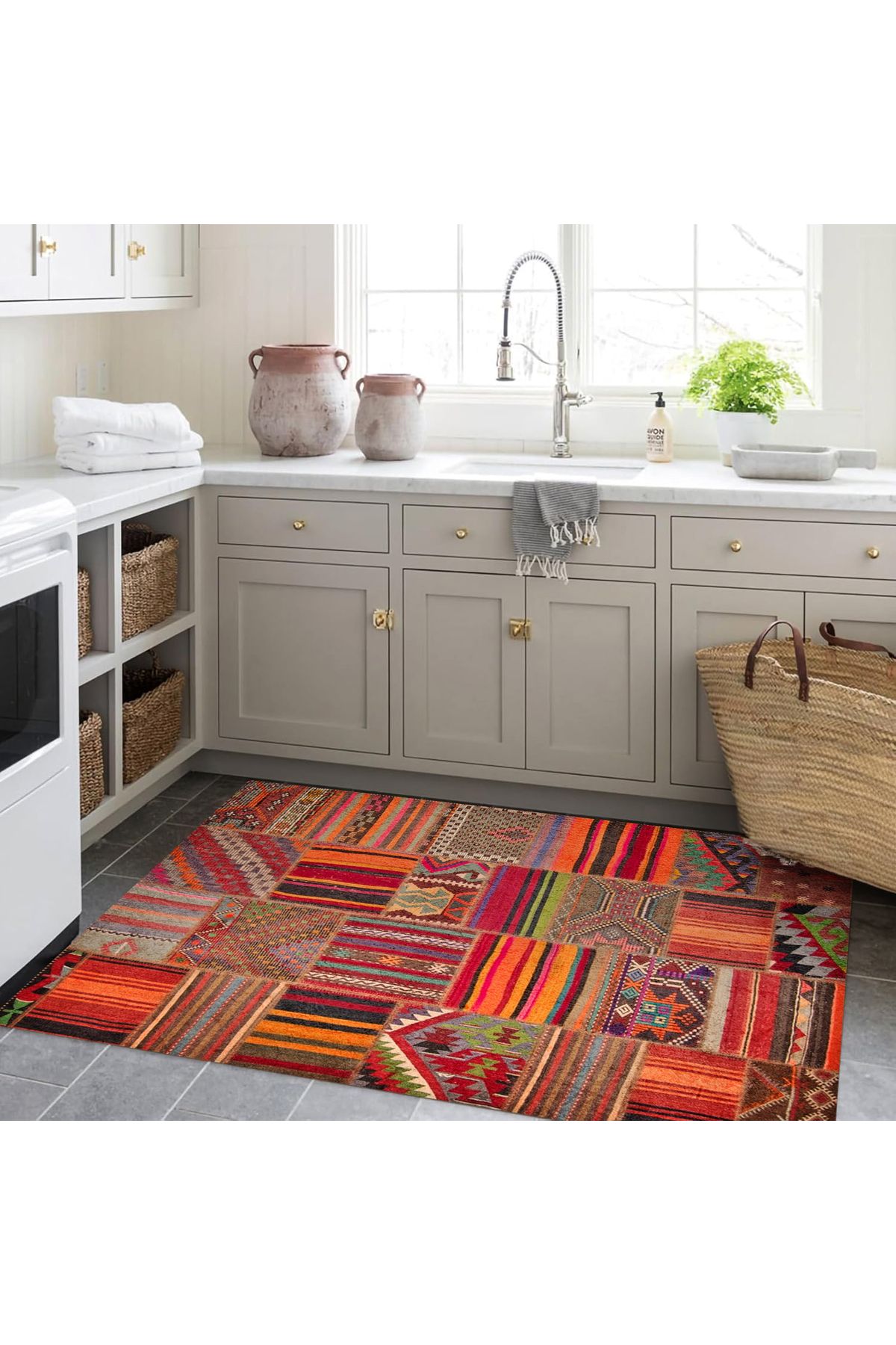 Cansu Koleksiyonu Patchwork Görünümlü Turuncu Tonlarda Dokuma Taban Modern Dekoratif Halı cansu04