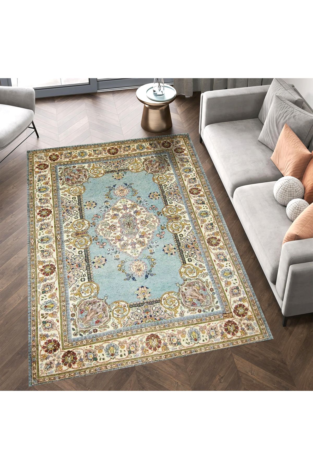 Mete Koleksiyonu Mavi ve Bej Temalı Geleneksel Motif Desenli Vintage Dekoratif Halı 03