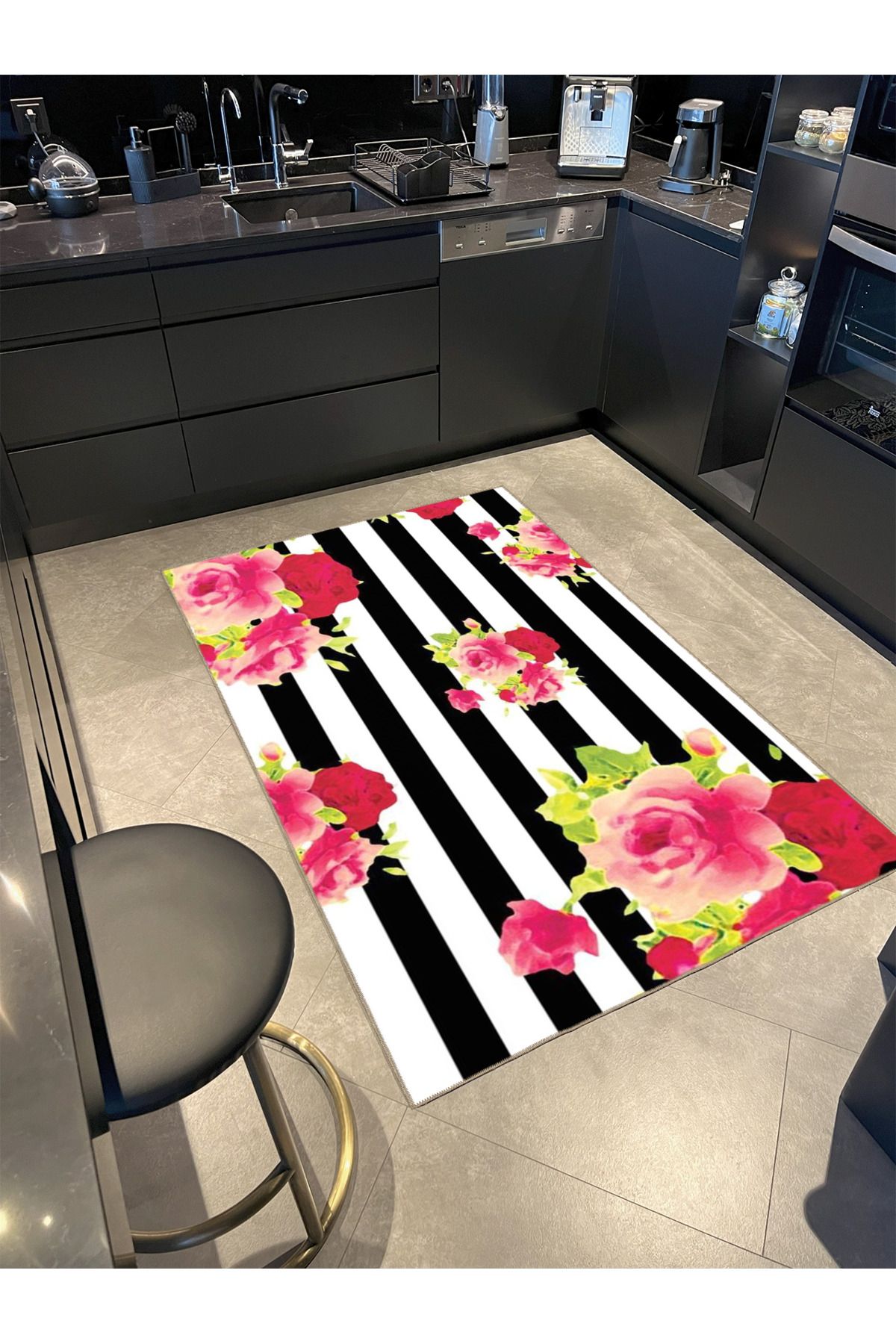 Siyah Beyaz Çiçekli Renkli Desenli Dokuma Taban Halı miravip1095