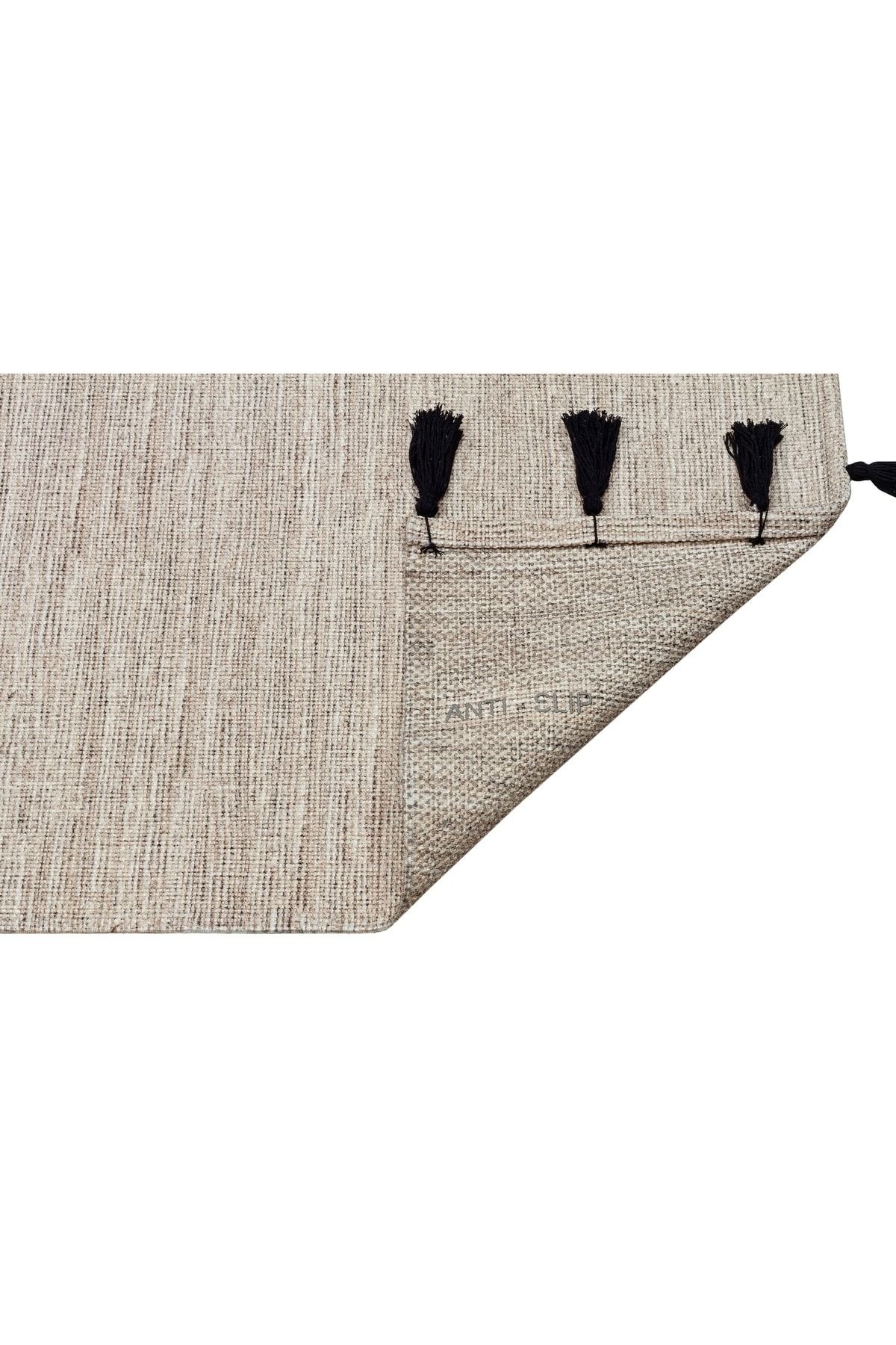 Moroccan 9005 Siyah Püsküllü Kum Beji Bohomian Ve Modern Kilim