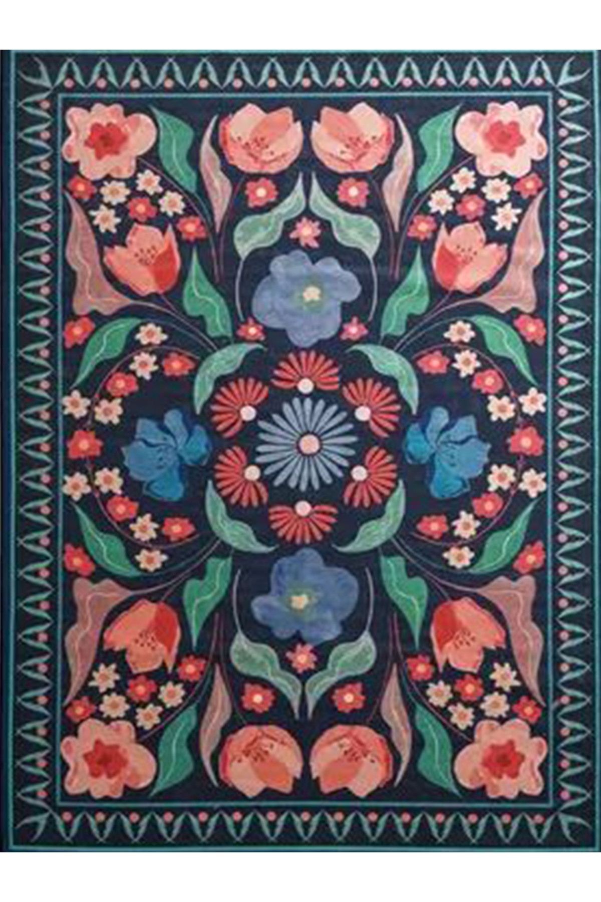 Kemal Koleksiyonu Pastel Tonlarda Çok Renkli Çiçek Motifleri Dokuma Taban Dekoratif Halı 10
