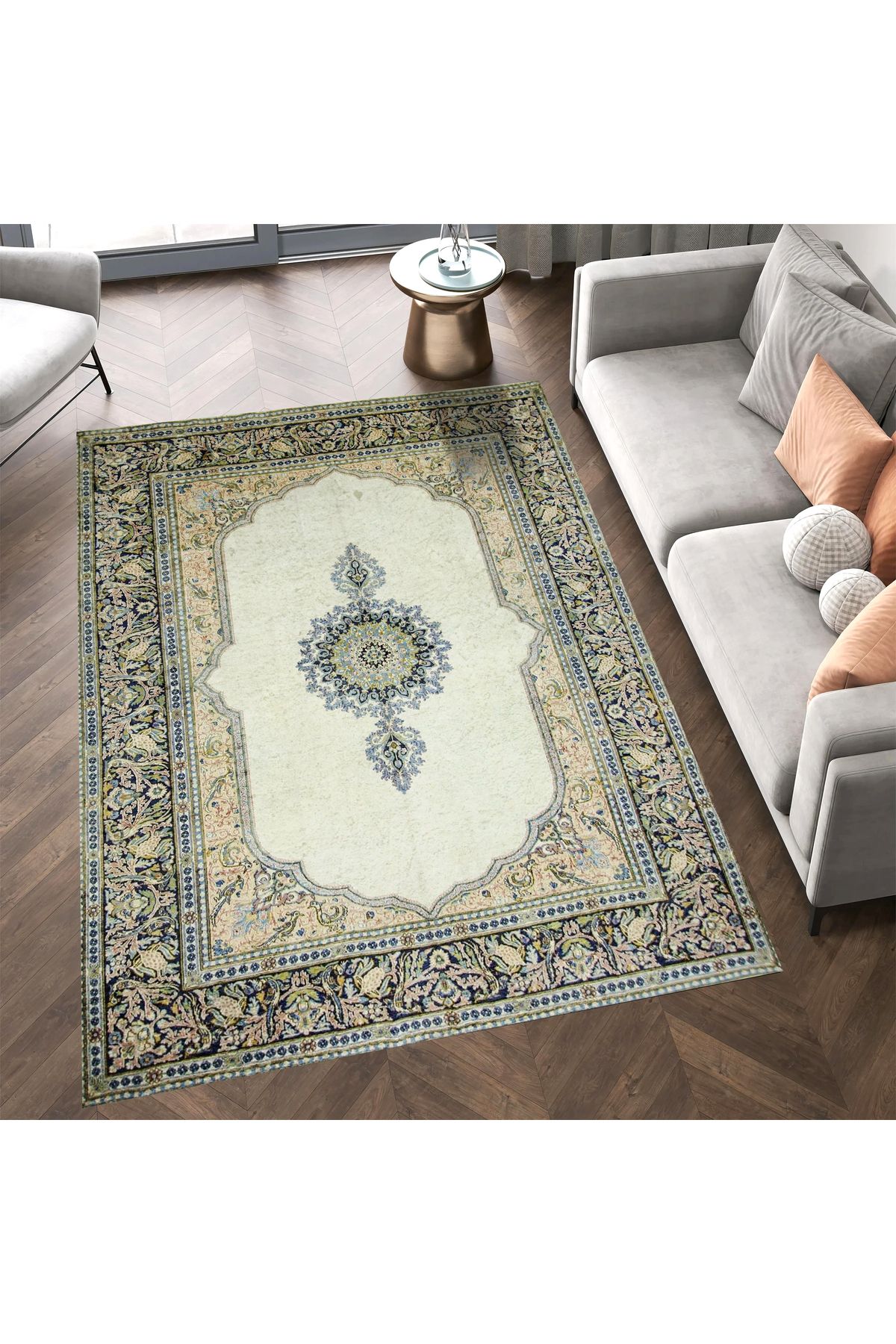 Mete Koleksiyonu Bej ve Beyaz Temalı Geleneksel Motifli Bohem Desenli Vintage Dekoratif Halı 11