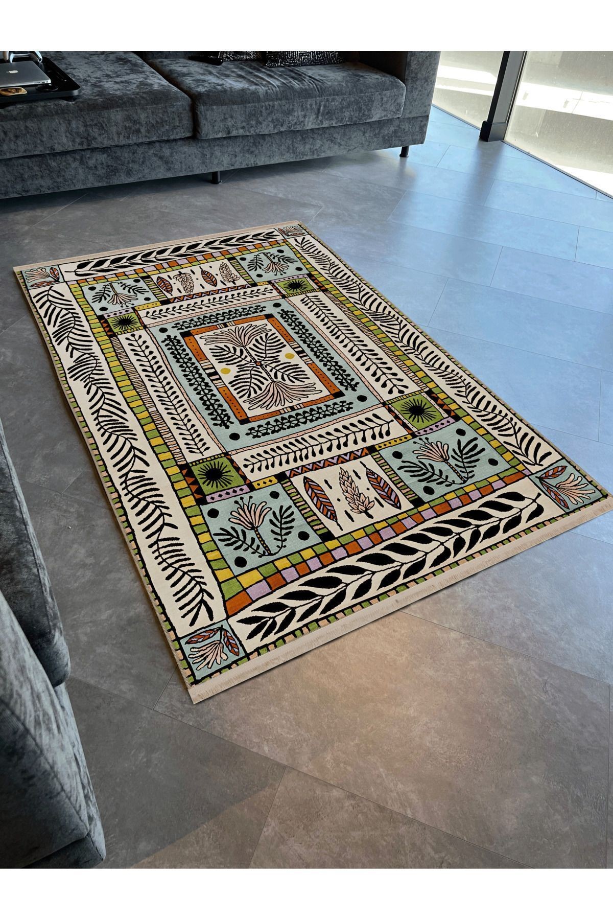 Çok Renkli Karma Soyut Çiçek Desenli Saçaklı Modern Dekoratif Halı 3165