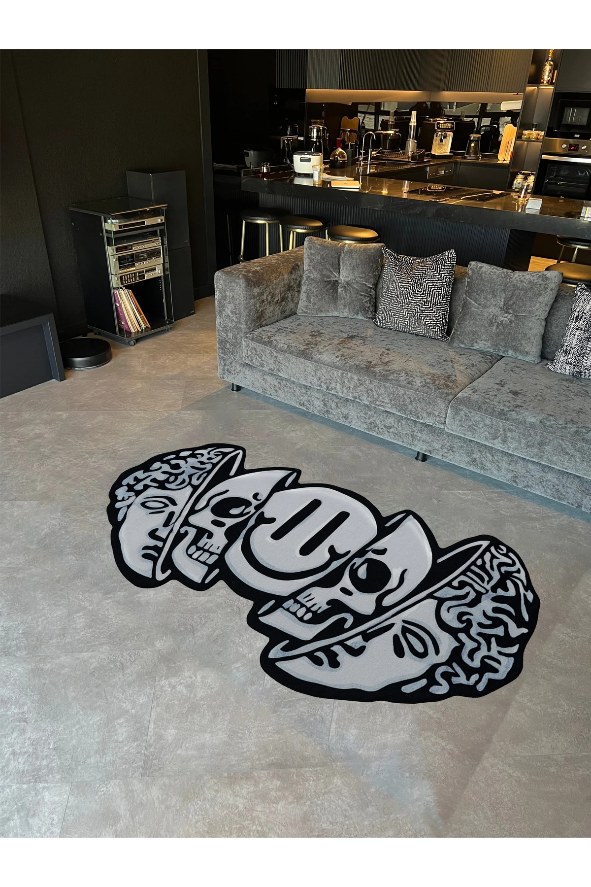 MOSSO Gri Tonlar Kafatası Güler Yüz Soyut Desenli Dokuma Taban Modern Dekoratif Halı mosso344