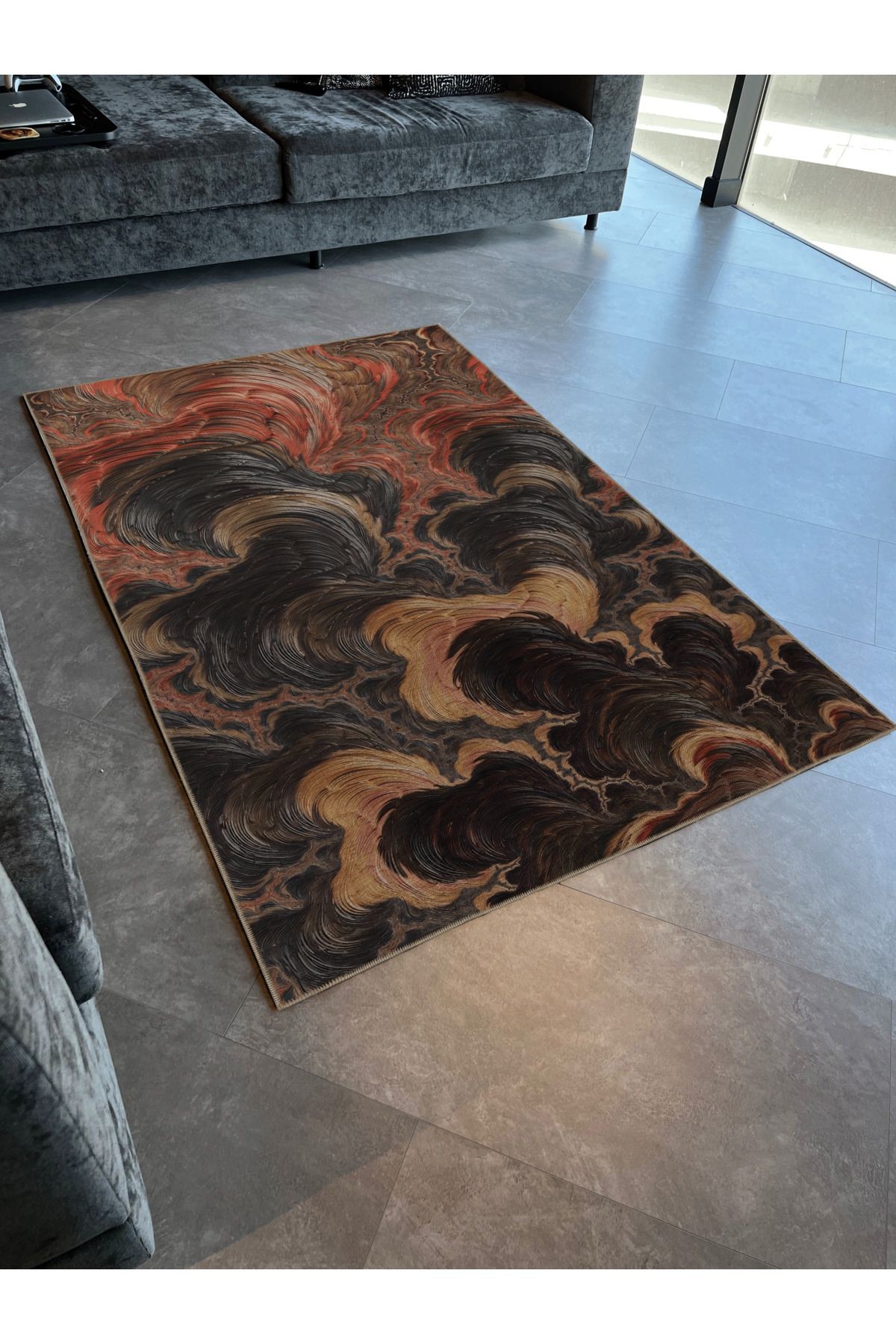 Koyu Ton Çok Renkli Soyut Duman Bulut Desenli Kreatif Modern Dekoratif Halı 2361
