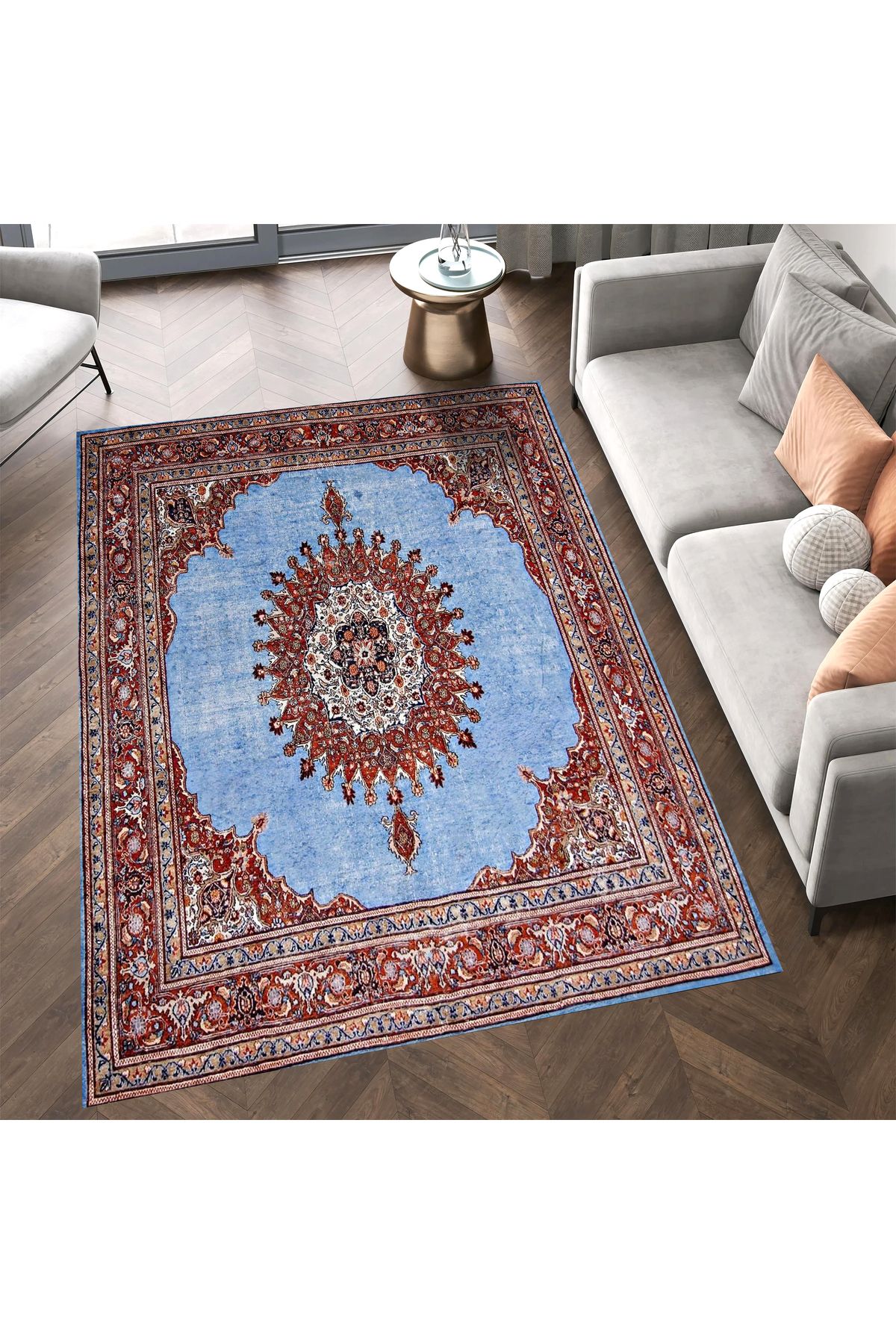 Asena Koleksiyonu Mavi Tema Bohem ve Geleneksel Motifli Desenli Vintage Dekoratif Halı 11