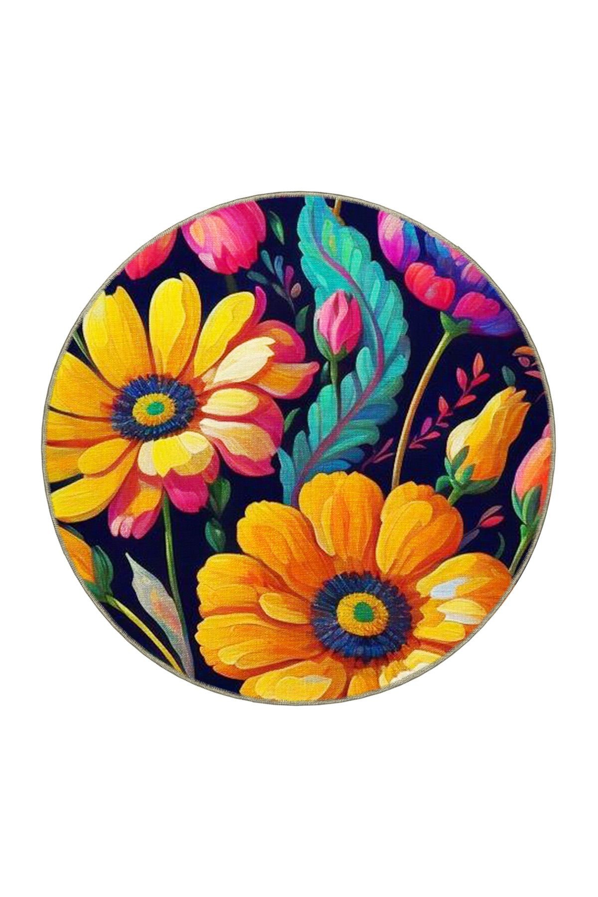 Floral Temalı Çok Renkli Yaprak ve Çiçek Papatya Desenli Modern Dekoratif Halı 4736