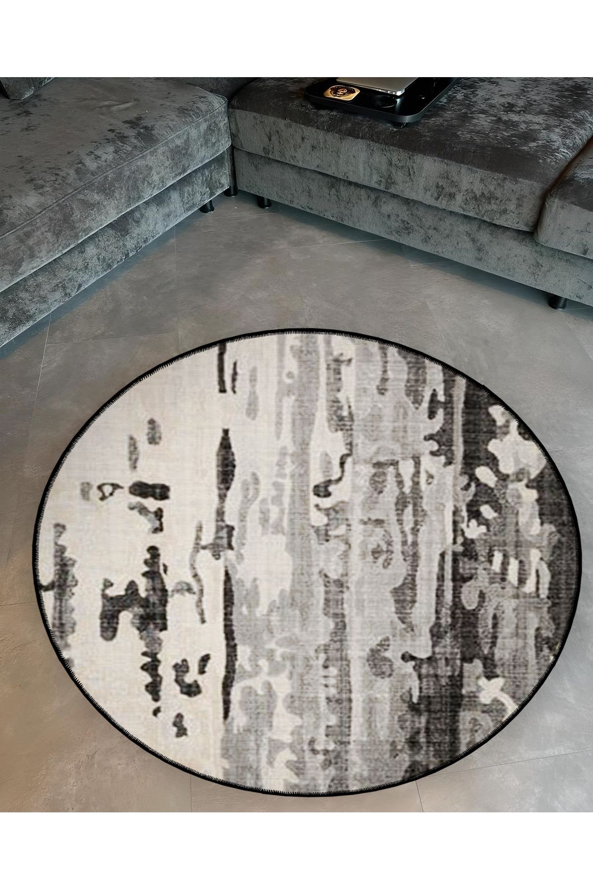 Mira Yuvarlak Siyah Beyaz Soyut Detaylı Dokuma Taban Modern Dekoratif Halı 5589