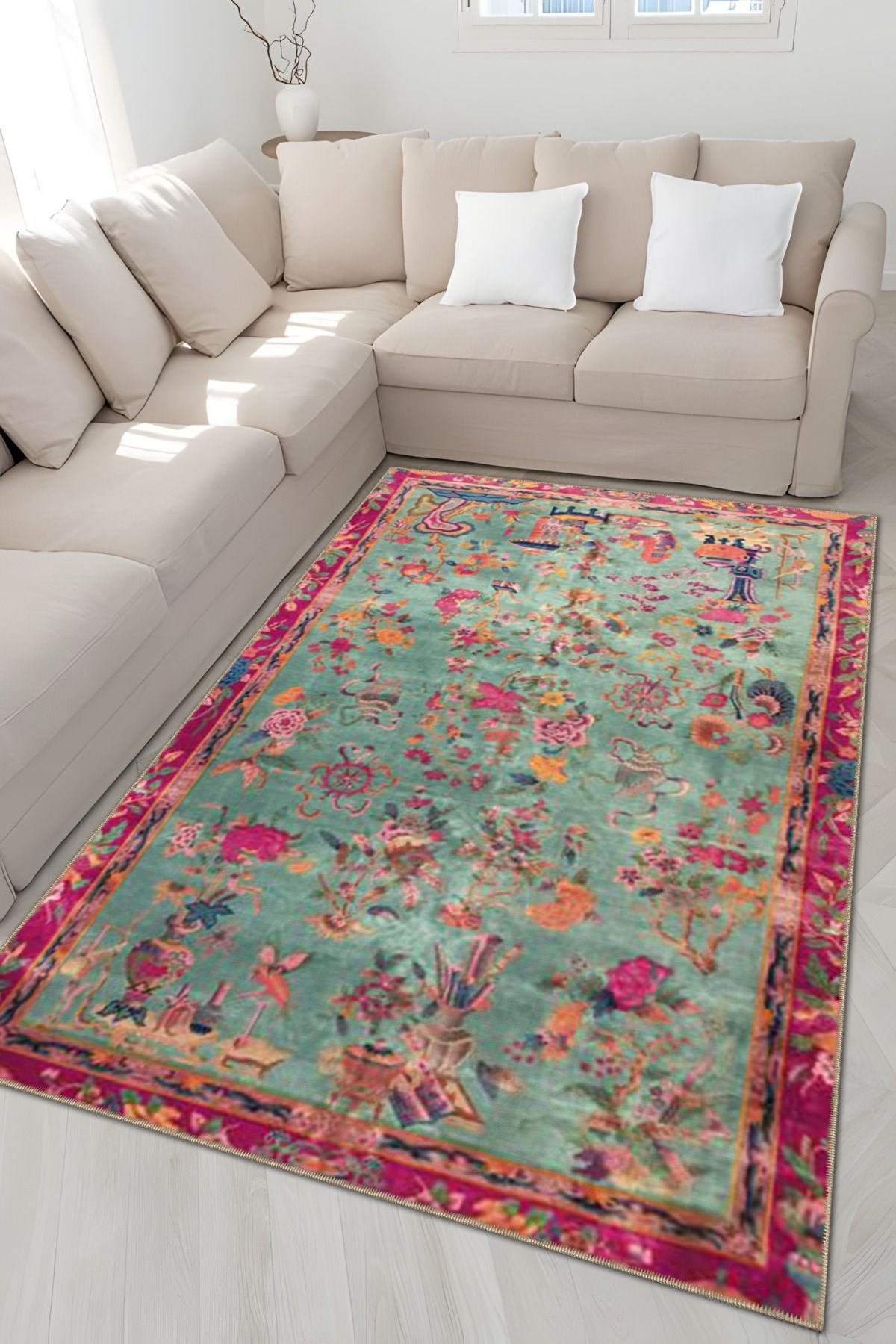 Mavi Pembe Temalı Floral Çiçek Desenli Vintage Dekoratif Halı 4844