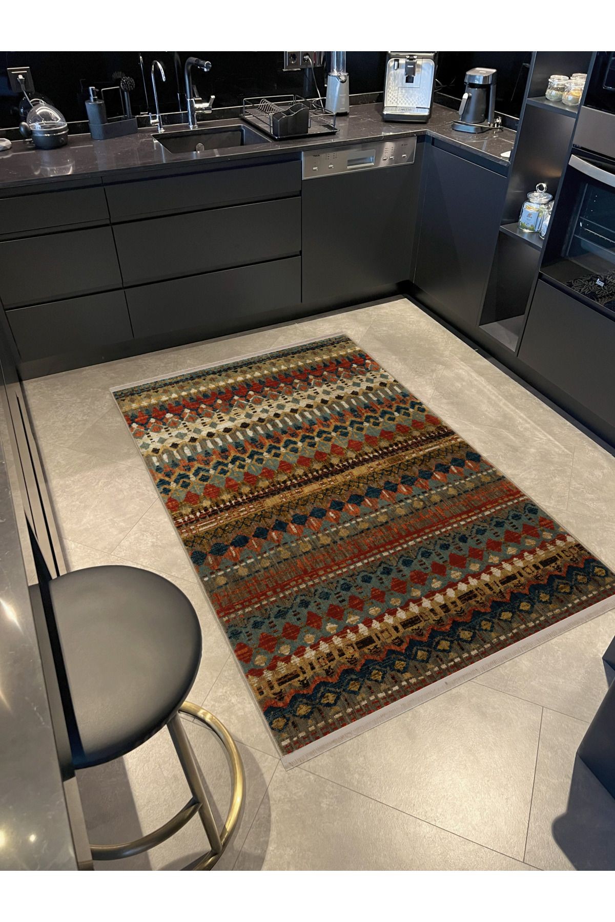 Koyu Ton Çok Renkli Geometrik Şekil Desenli Kreatif Vintage Dekoratif Halı 2635