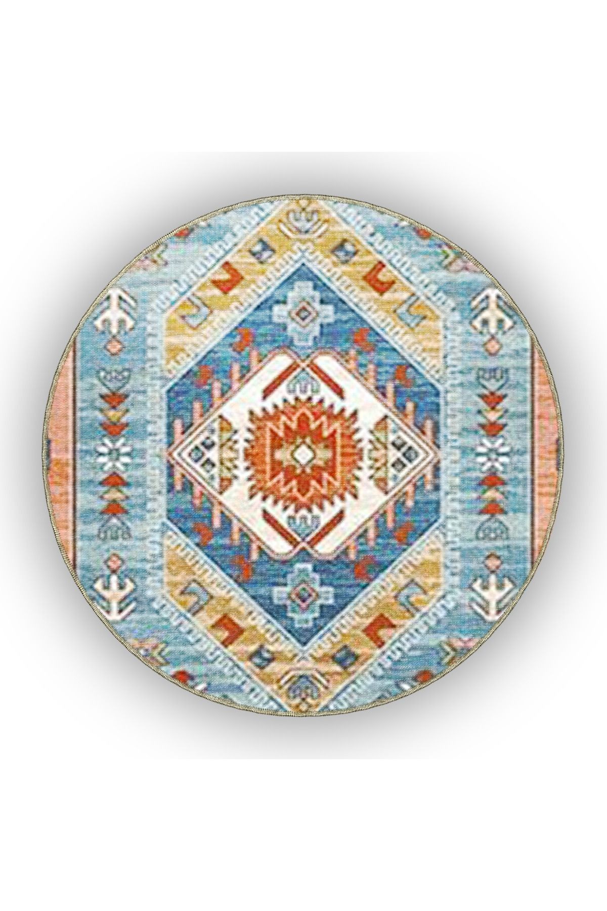 Gök Mavisi ve Turuncu Temalı Geleneksel Motif Desenli Vintage Dekoratif Halı 4895