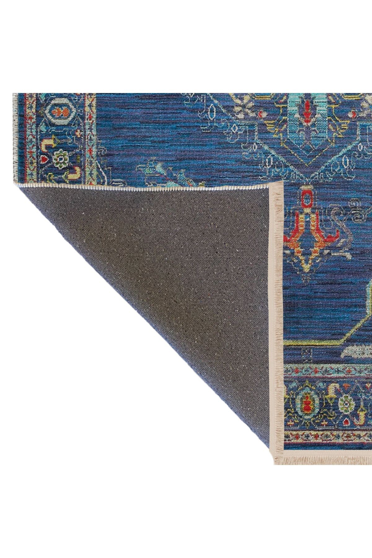 Lacivert Temalı Çok Renkli Geleneksel Motif Desenli Kreatif Vintage Dekoratif Halı 2789