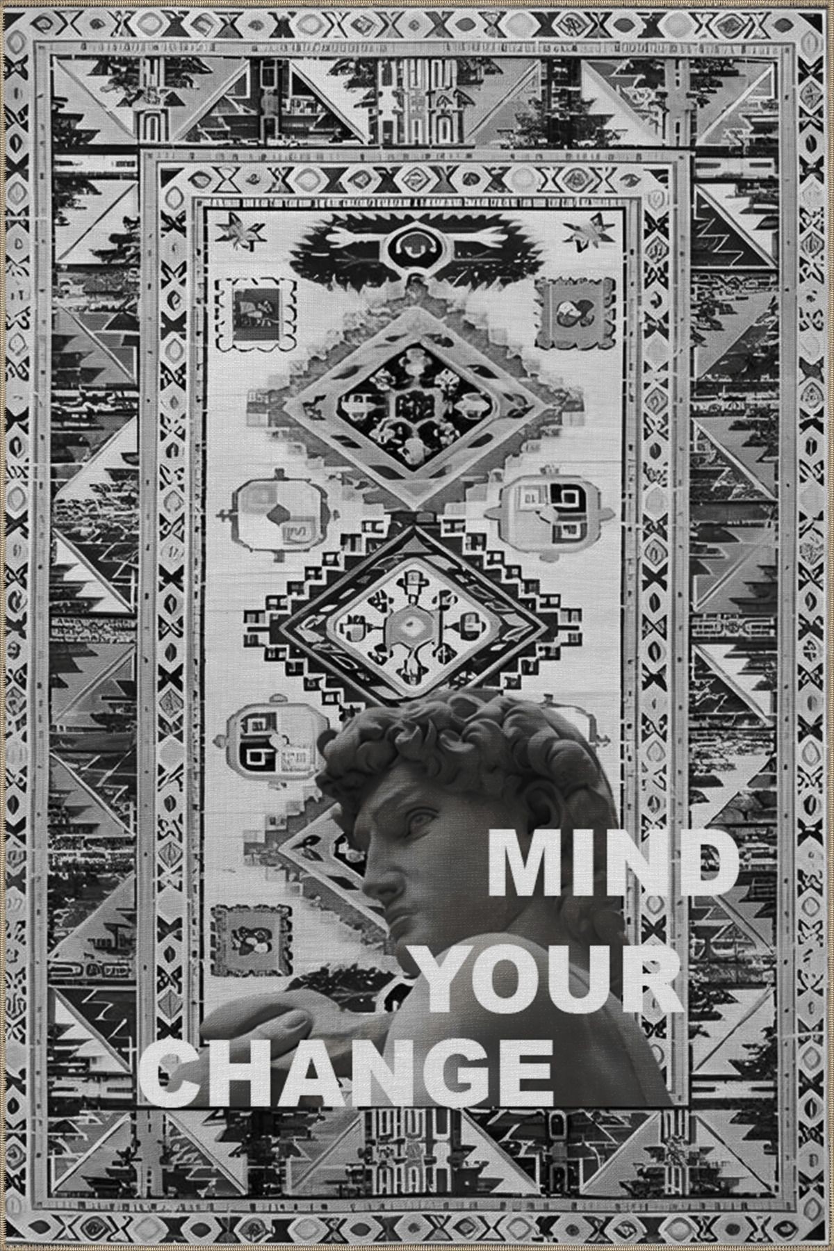 Written Koleksiyonu Gri Ton Apollon ve Change Your Mind Yazı Desenli Vintage Dekoratif Halı 12