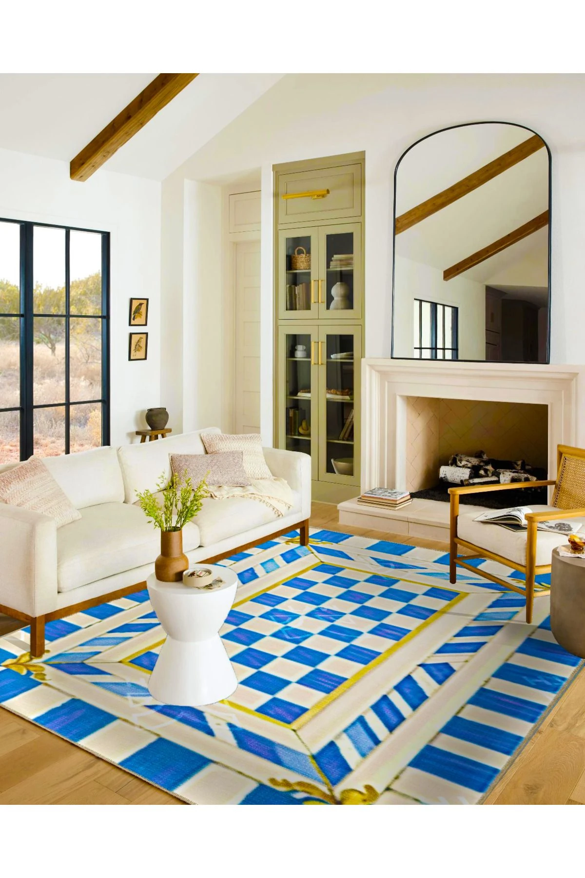 İçe Dönük Mavi Krem Geometrik Kareli Temalı Dokuma Taban ve Yıkanabilir Halı MYTH10