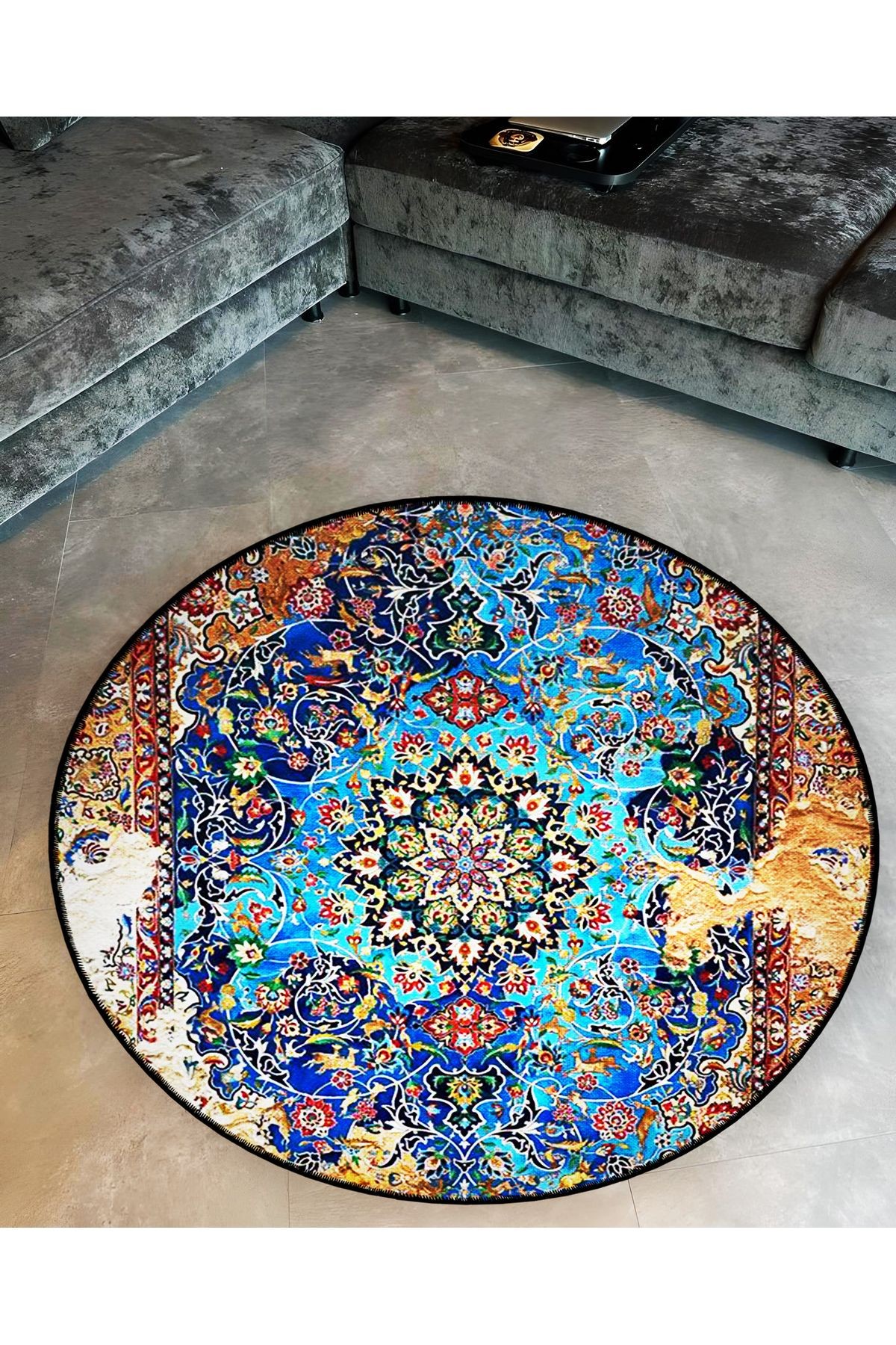 Çok Renkli Soyut Motifli Desenli Yuvarlak Dokuma Taban Vintage Dekoratif Halı 6191
