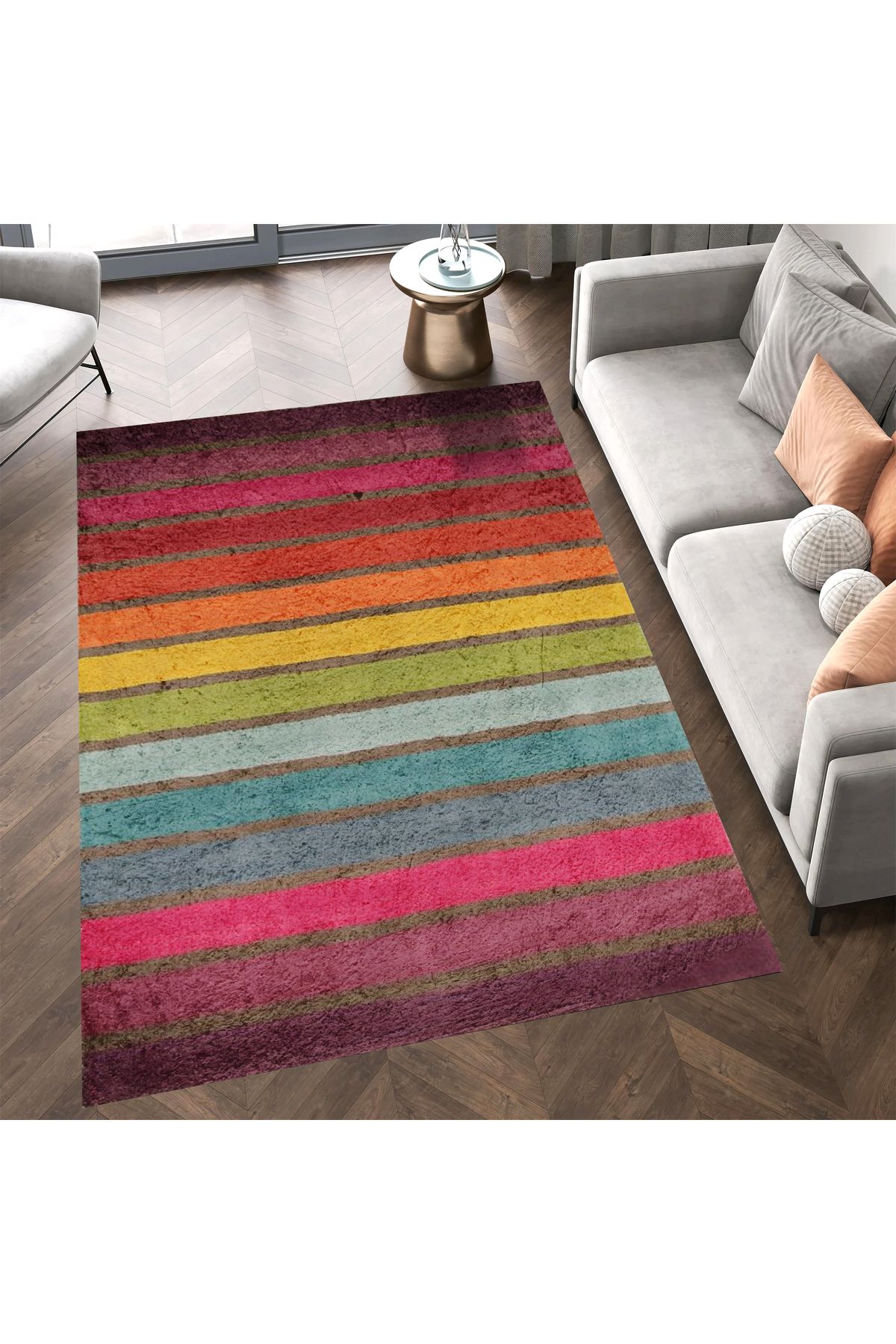 Kuzey Koleksiyonu Çok Renkli Kalın Çizgiler Desenli Dokuma Taban Dekoratif Halı kuzey34