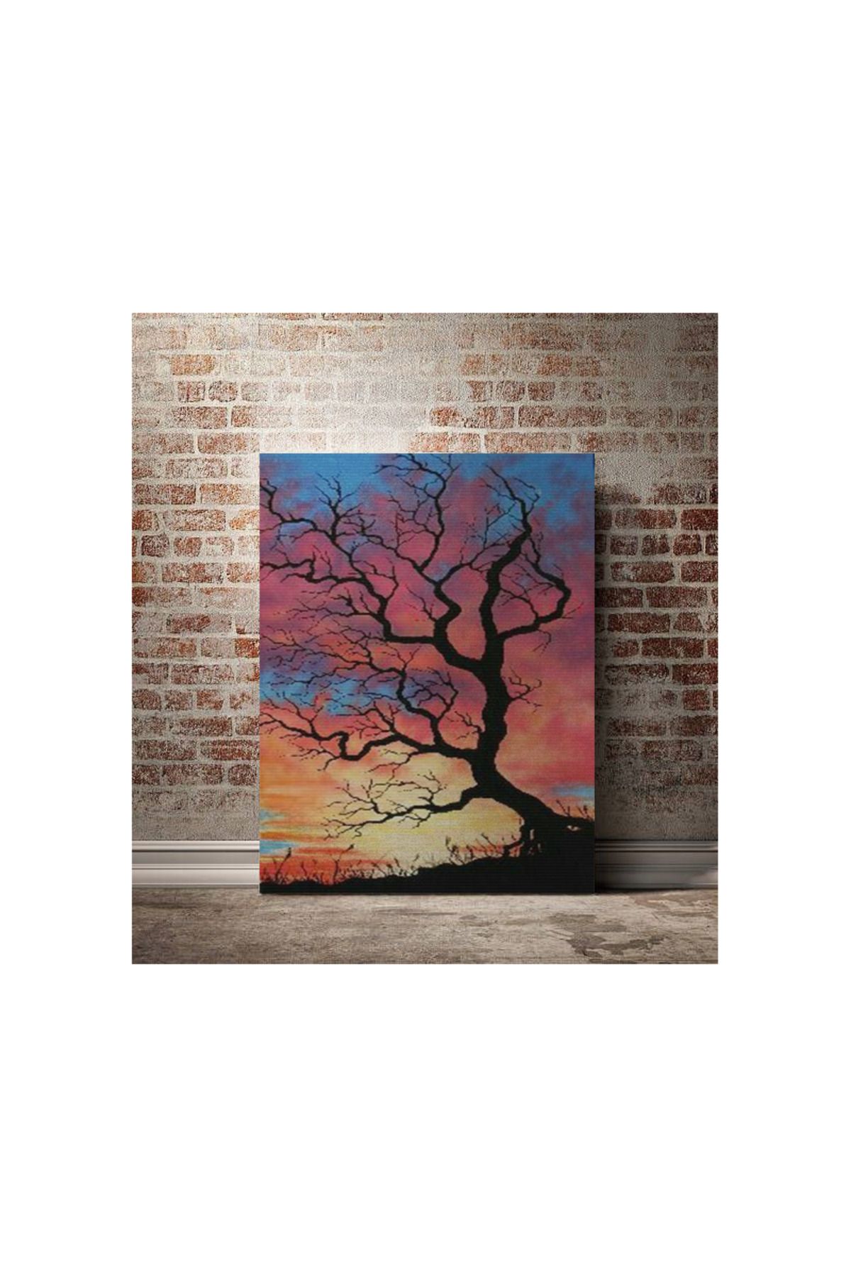 Kanvas Tablo Gün Batımı ve Kuru Ağaç Desenli Temalı Tablo