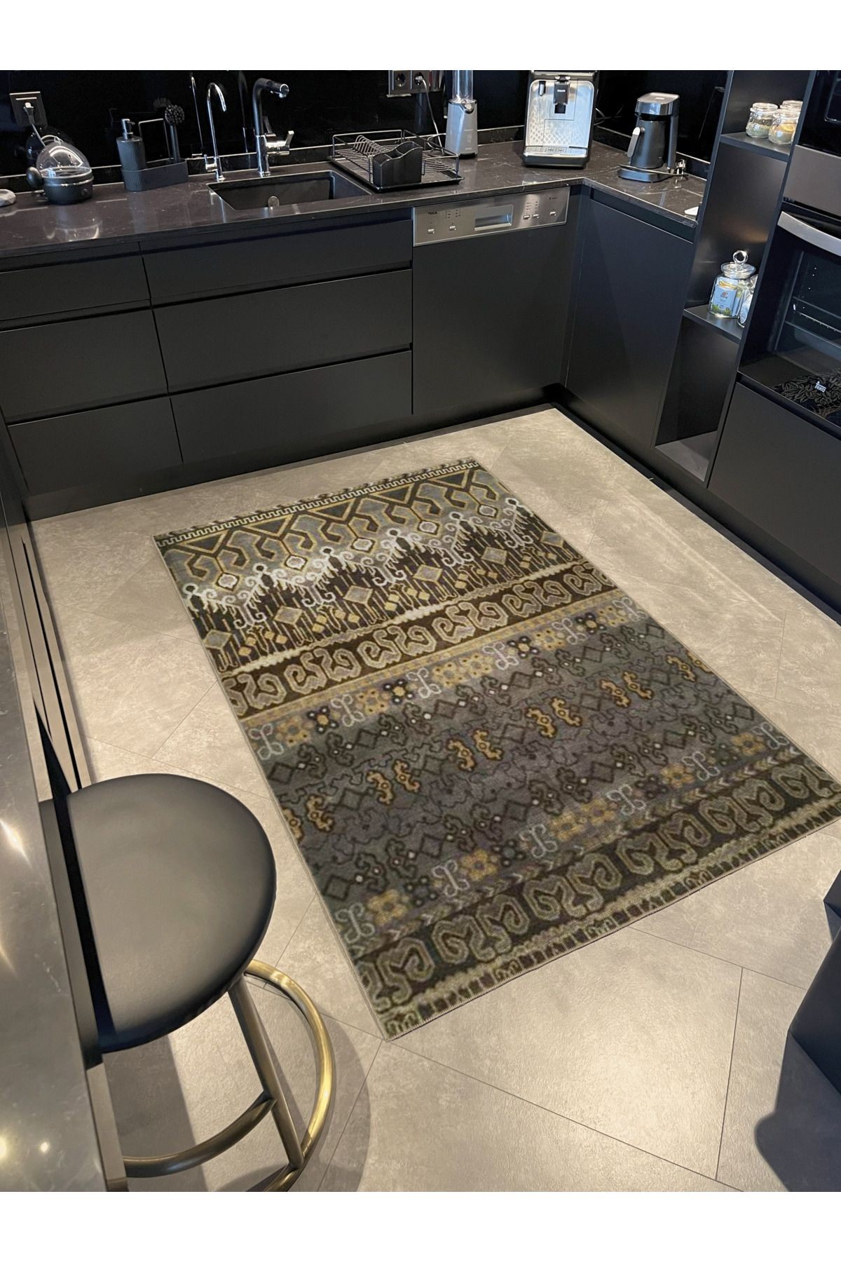 Kahve Gri Temalı Motifli Etnik Desenli Vintage Dekoratif Halı 3291