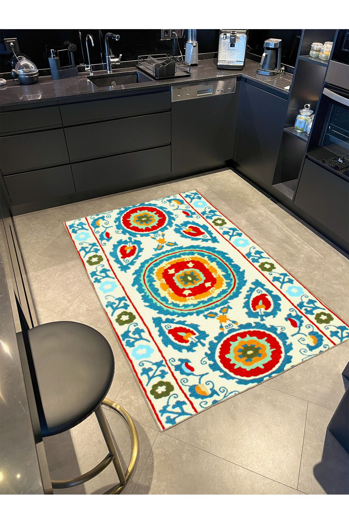 Bordürlü Krem Desenli Renkli Çiçekli Temalı Dokuma Taban Halı ve Yıkanabilir Halı miravip9850