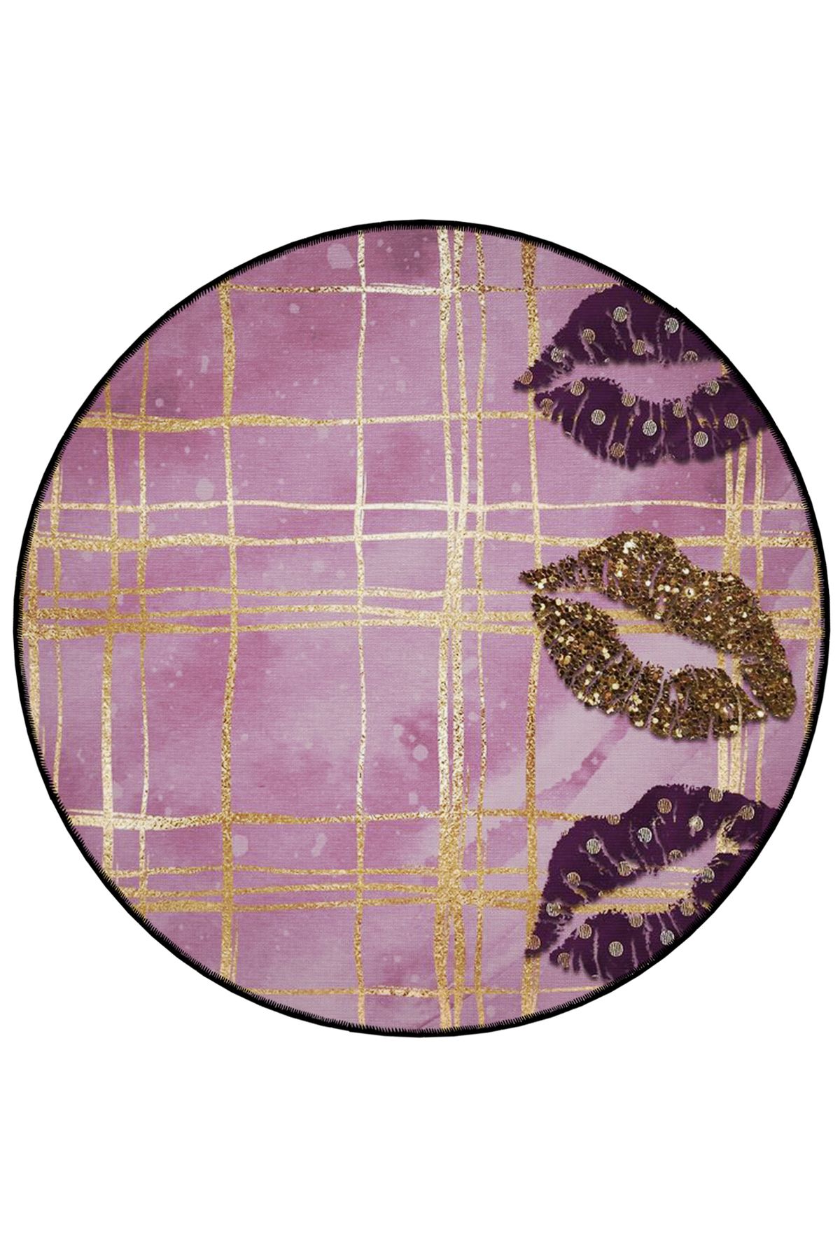 Mira Yuvarlak Pembe Ekose Altın Dudak Ruj Desenli Detaylı Dokuma Taban Modern Dekoratif Halı 5596